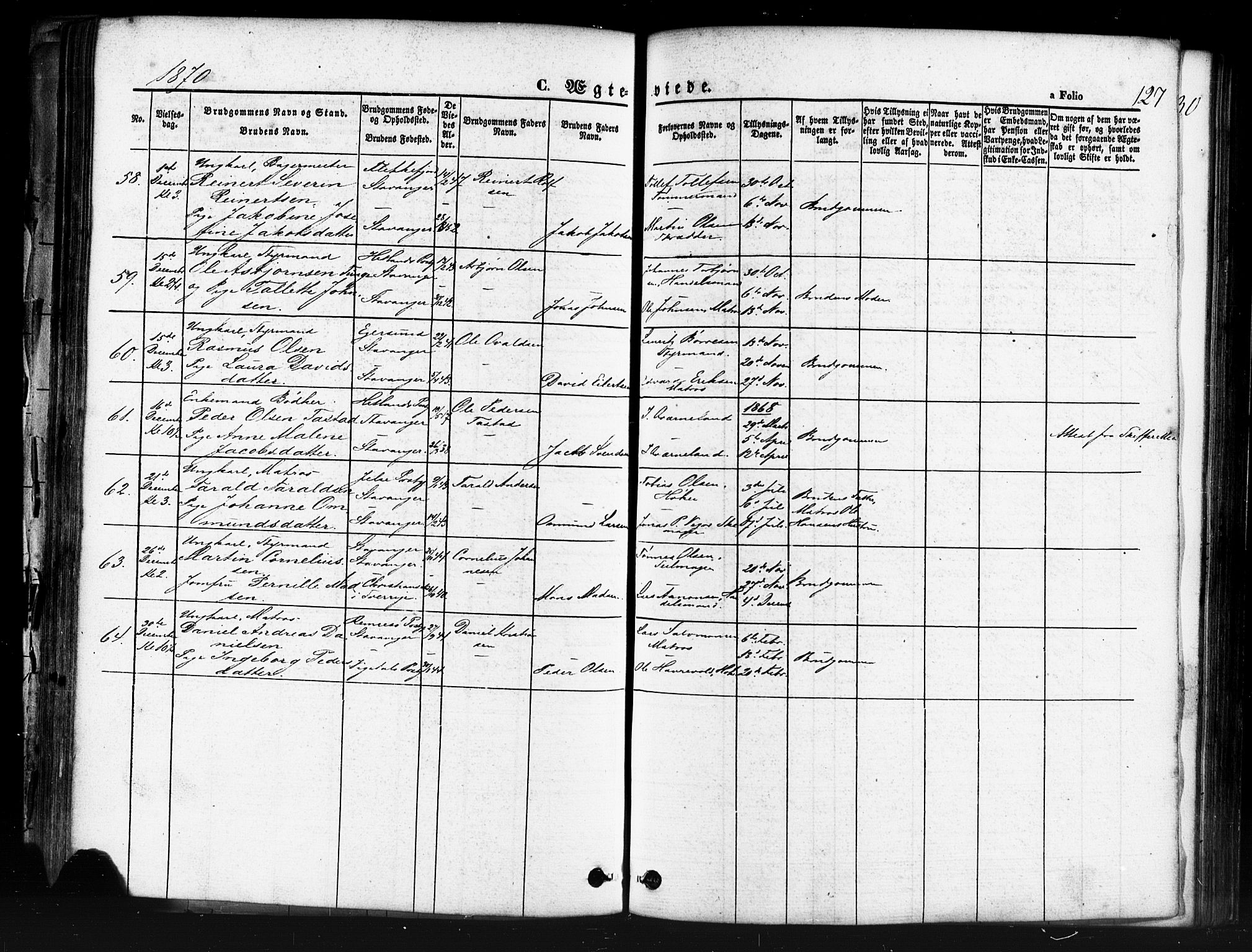 Domkirken sokneprestkontor, AV/SAST-A-101812/001/30/30BB/L0011: Parish register (copy) no. B 11, 1858-1876, p. 127