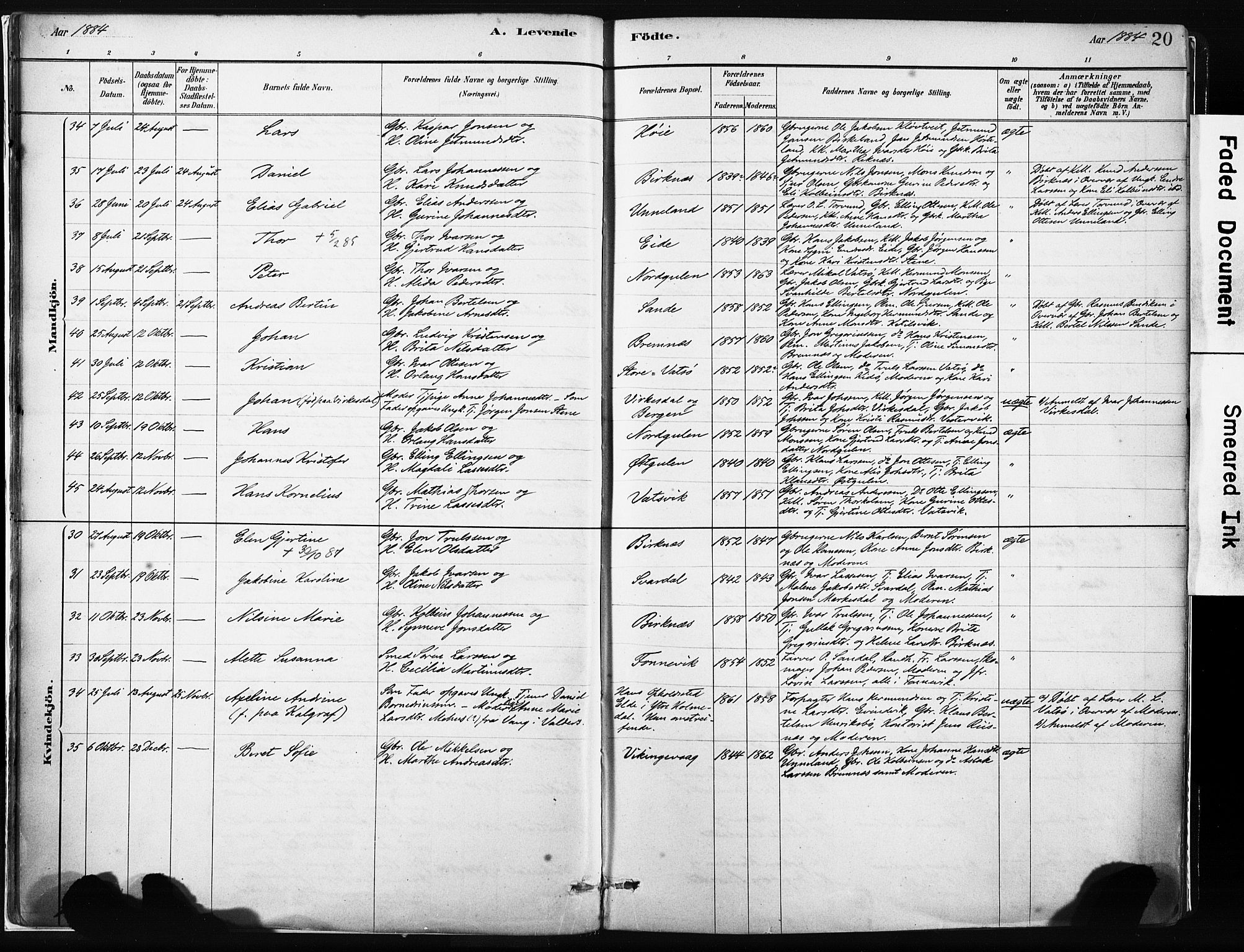 Gulen sokneprestembete, AV/SAB-A-80201/H/Haa/Haab/L0001: Parish register (official) no. B 1, 1881-1905, p. 20