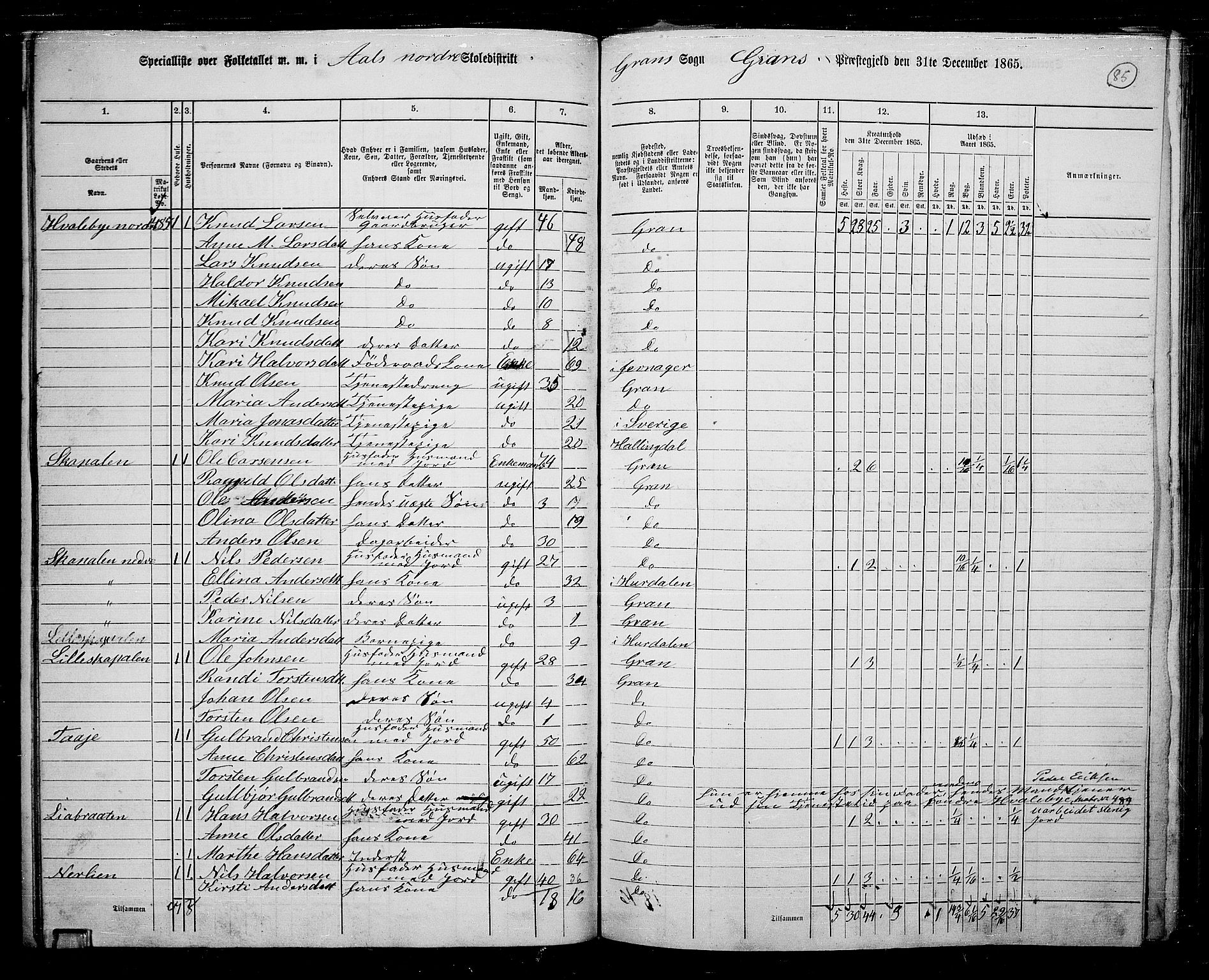 RA, 1865 census for Gran, 1865, p. 72