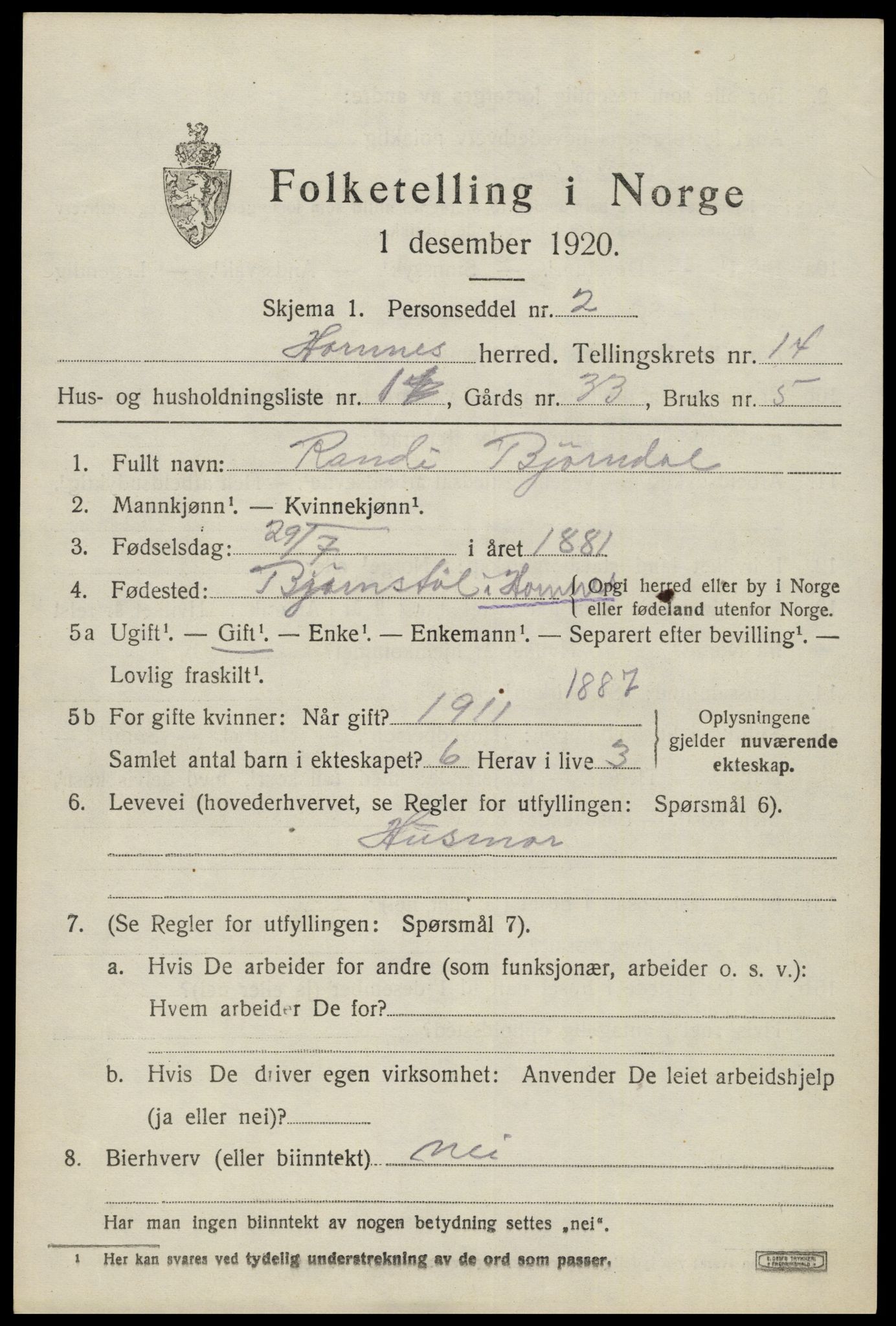 SAK, 1920 census for Hornnes, 1920, p. 3253