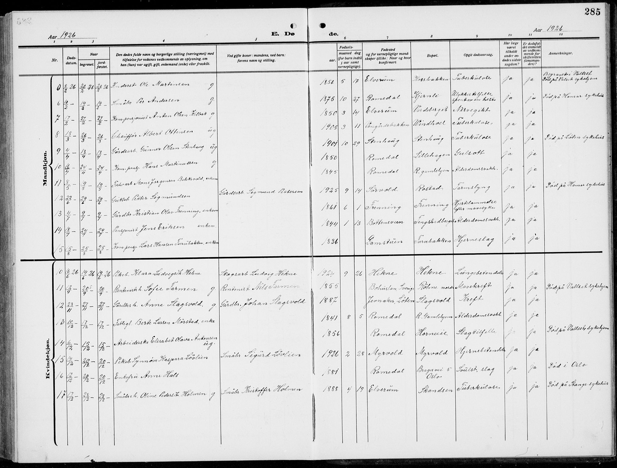 Romedal prestekontor, AV/SAH-PREST-004/L/L0014: Parish register (copy) no. 14, 1915-1939, p. 285