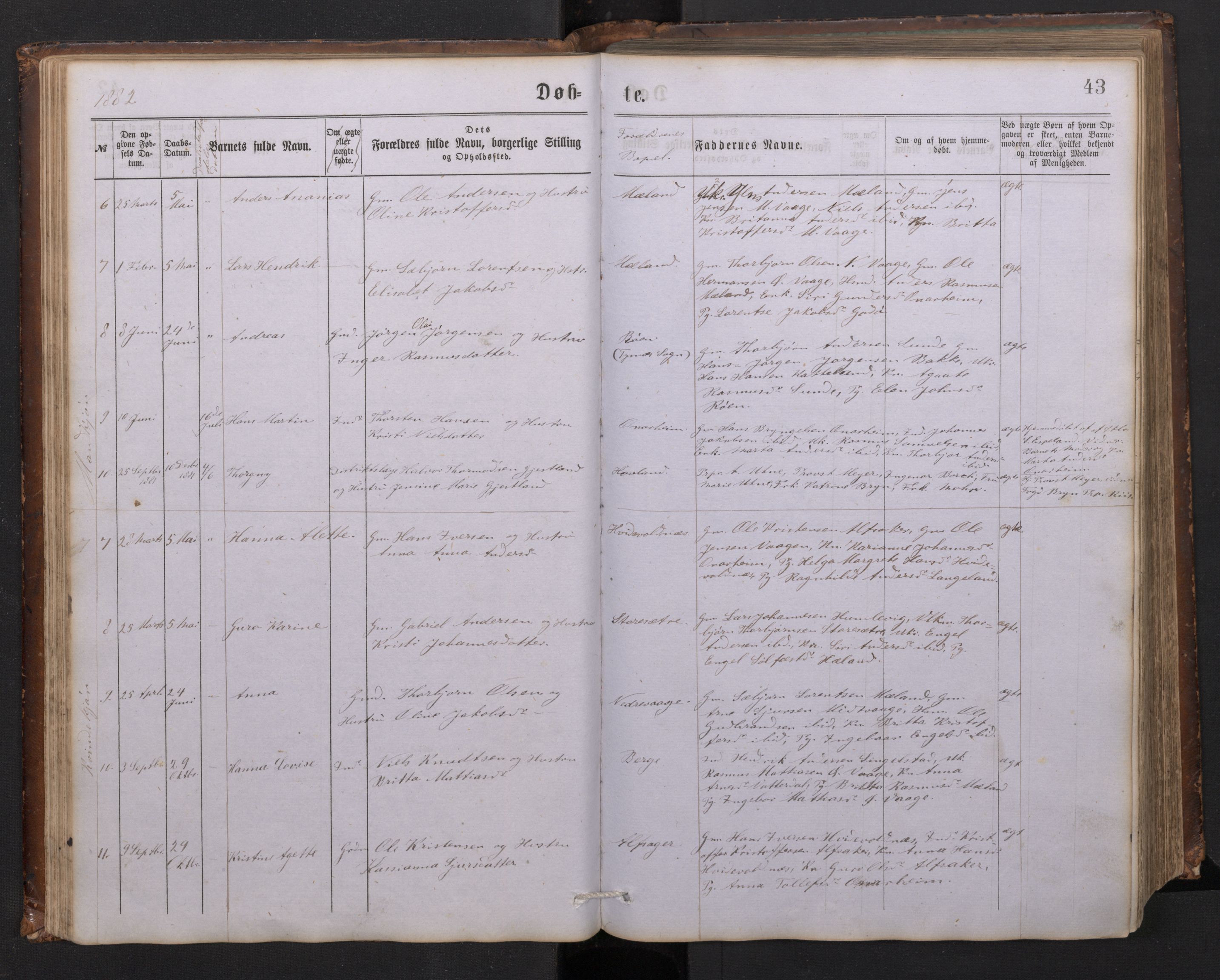 Tysnes sokneprestembete, SAB/A-78601/H/Hab: Parish register (copy) no. C 1, 1873-1895, p. 42b-43a