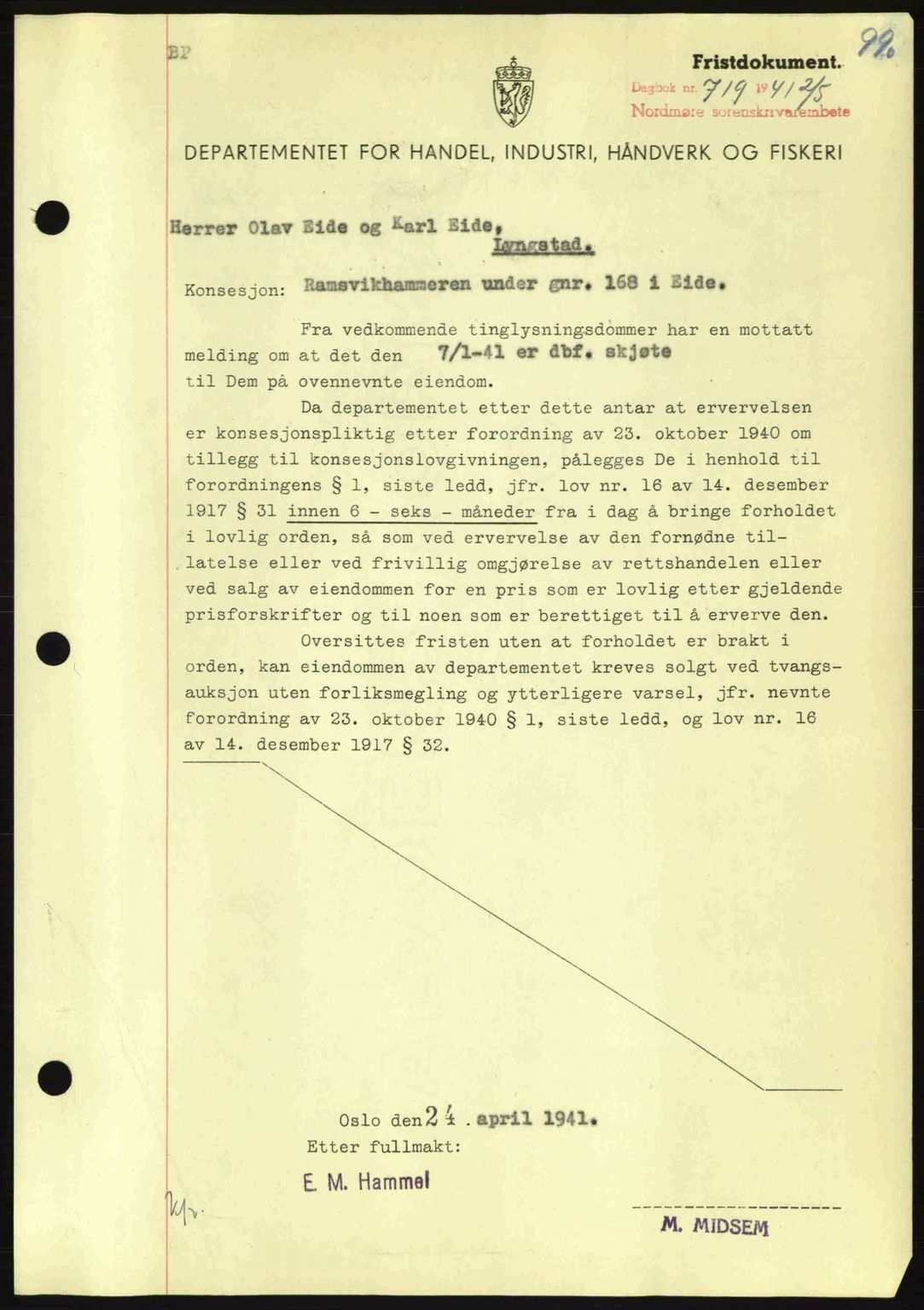 Nordmøre sorenskriveri, AV/SAT-A-4132/1/2/2Ca: Mortgage book no. B87, 1940-1941, Diary no: : 719/1941