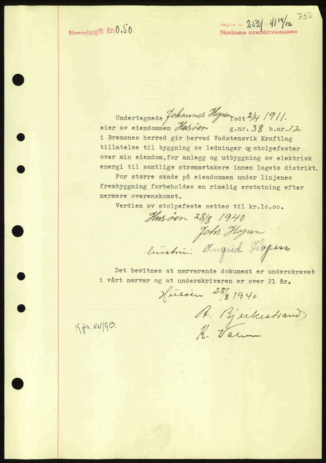 Nordmøre sorenskriveri, AV/SAT-A-4132/1/2/2Ca: Mortgage book no. B88, 1941-1942, Diary no: : 2521/1941