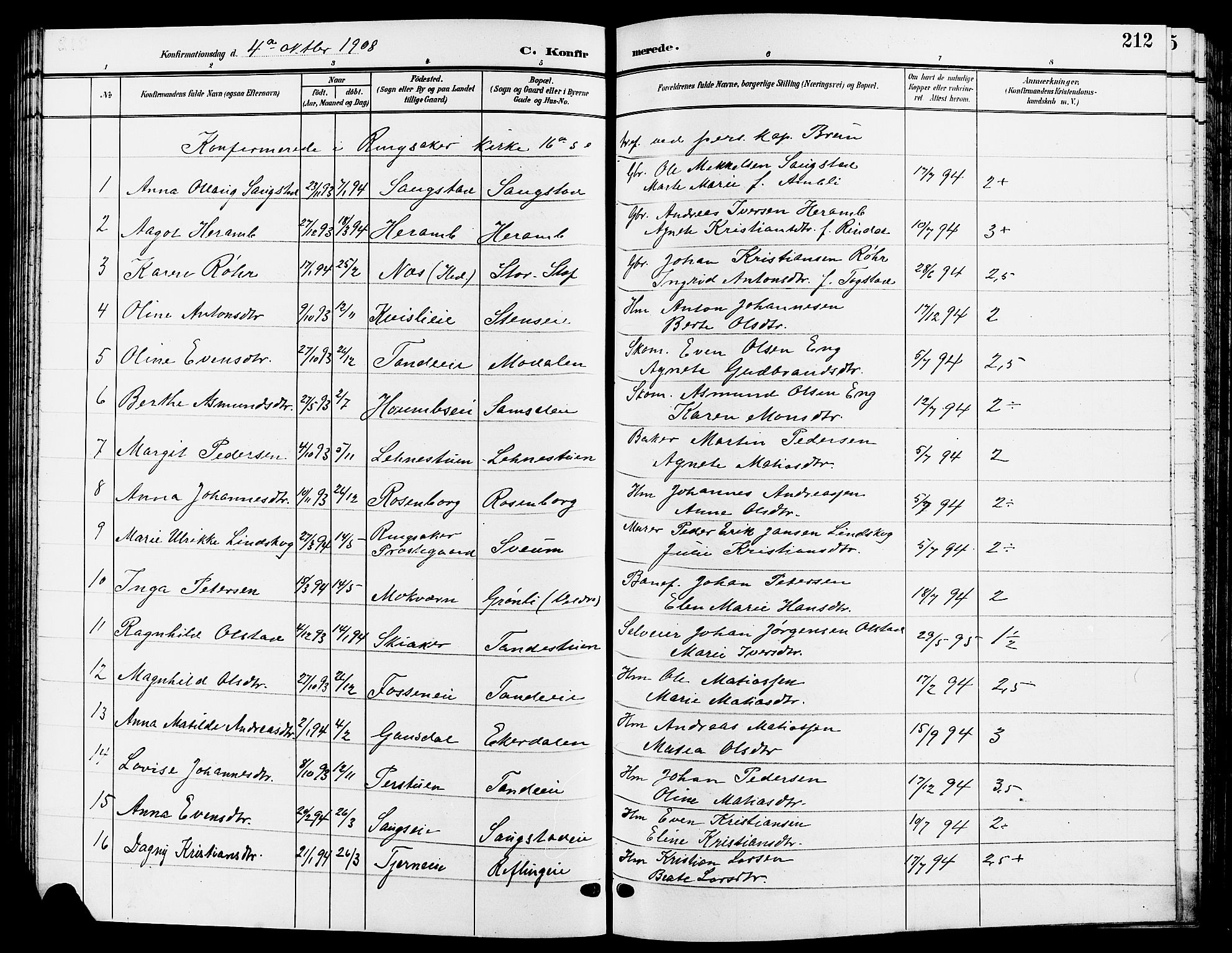 Ringsaker prestekontor, SAH/PREST-014/L/La/L0015: Parish register (copy) no. 15, 1903-1912, p. 212