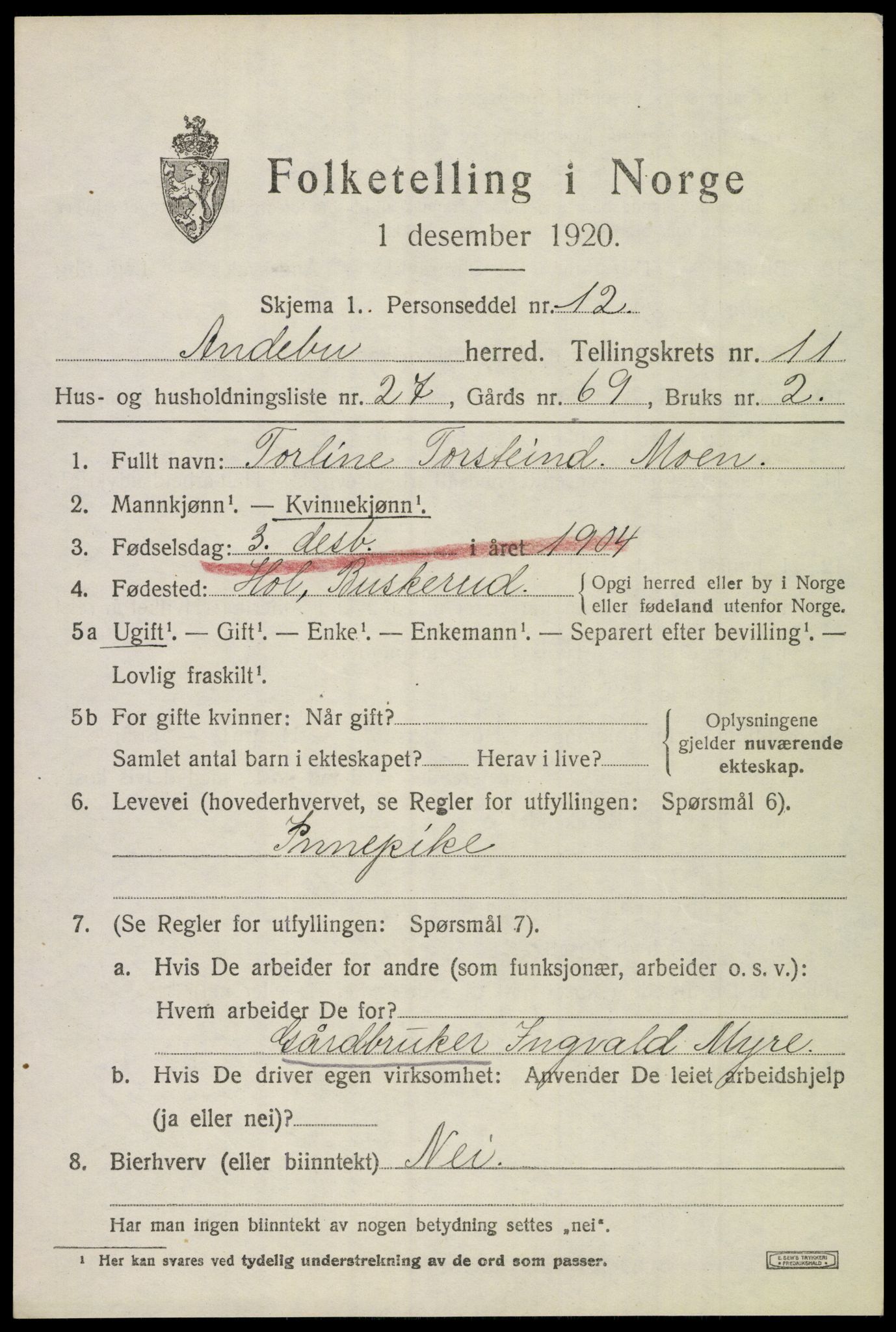 SAKO, 1920 census for Andebu, 1920, p. 4452