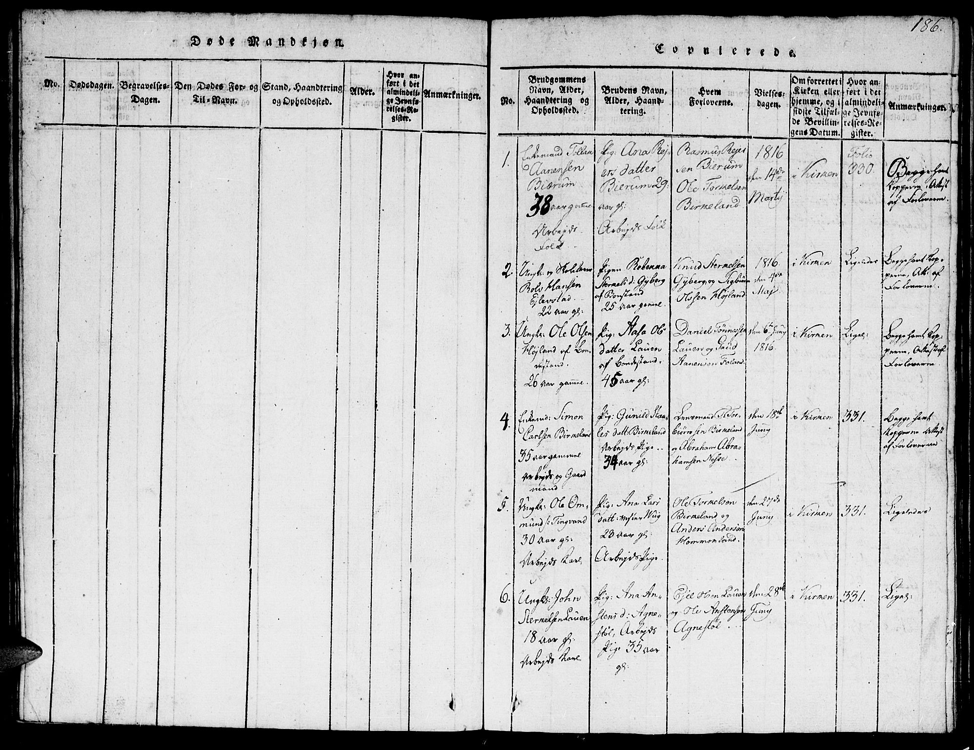 Hægebostad sokneprestkontor, SAK/1111-0024/F/Fb/Fba/L0001: Parish register (copy) no. B 1, 1815-1844, p. 186