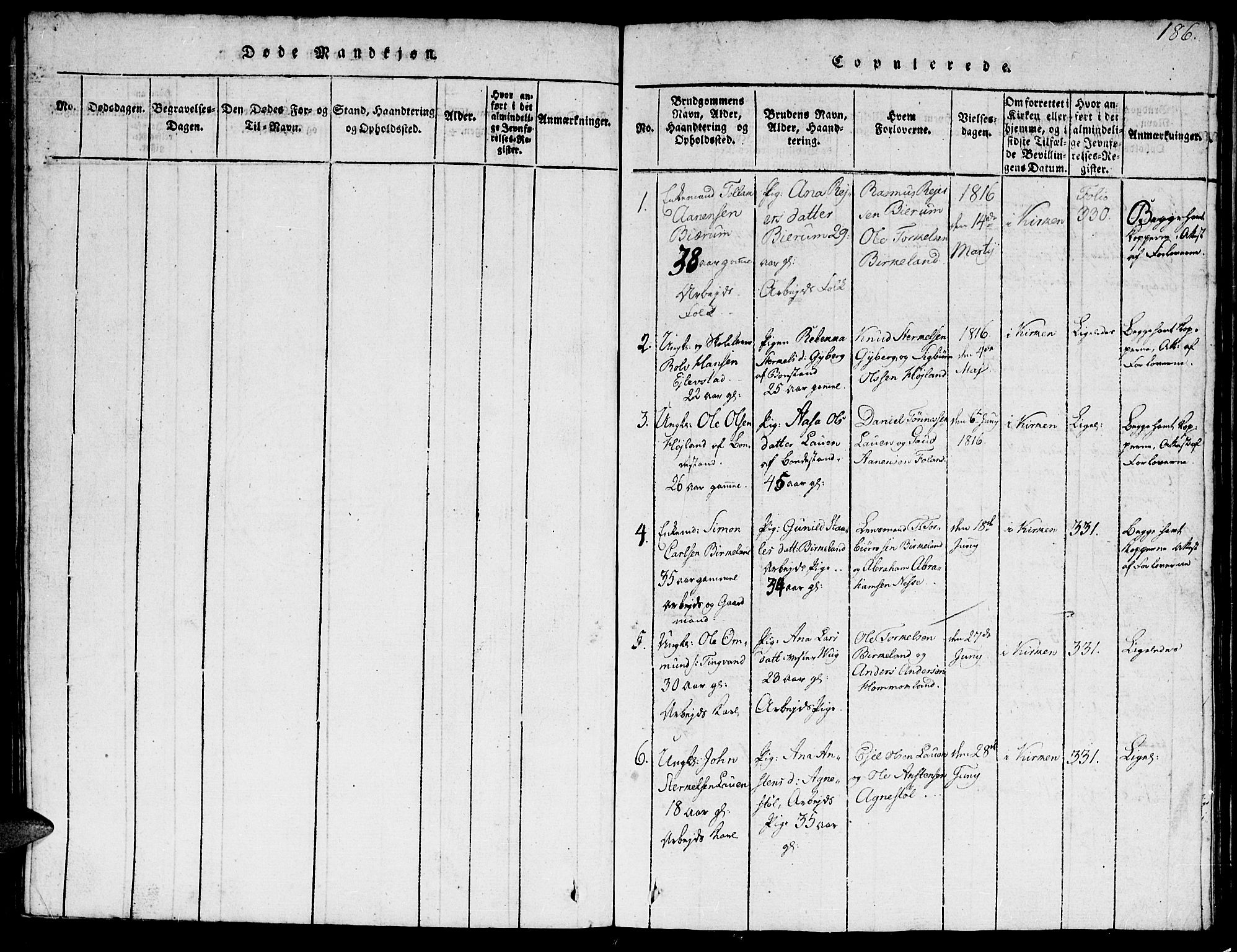 Hægebostad sokneprestkontor, AV/SAK-1111-0024/F/Fb/Fba/L0001: Parish register (copy) no. B 1, 1815-1844, p. 186