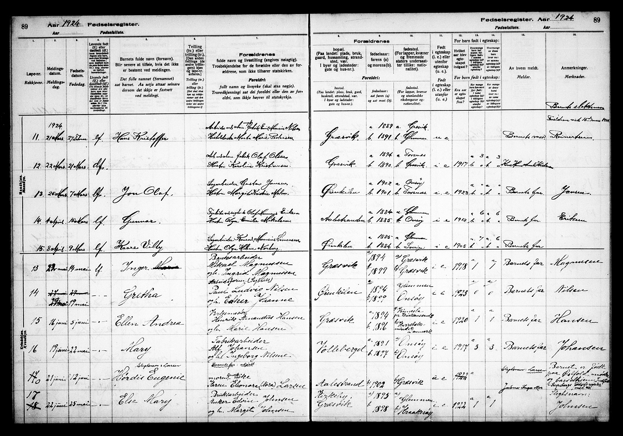 Onsøy prestekontor Kirkebøker, AV/SAO-A-10914/J/Jb/L0001: Birth register no. II 1, 1916-1938, p. 89