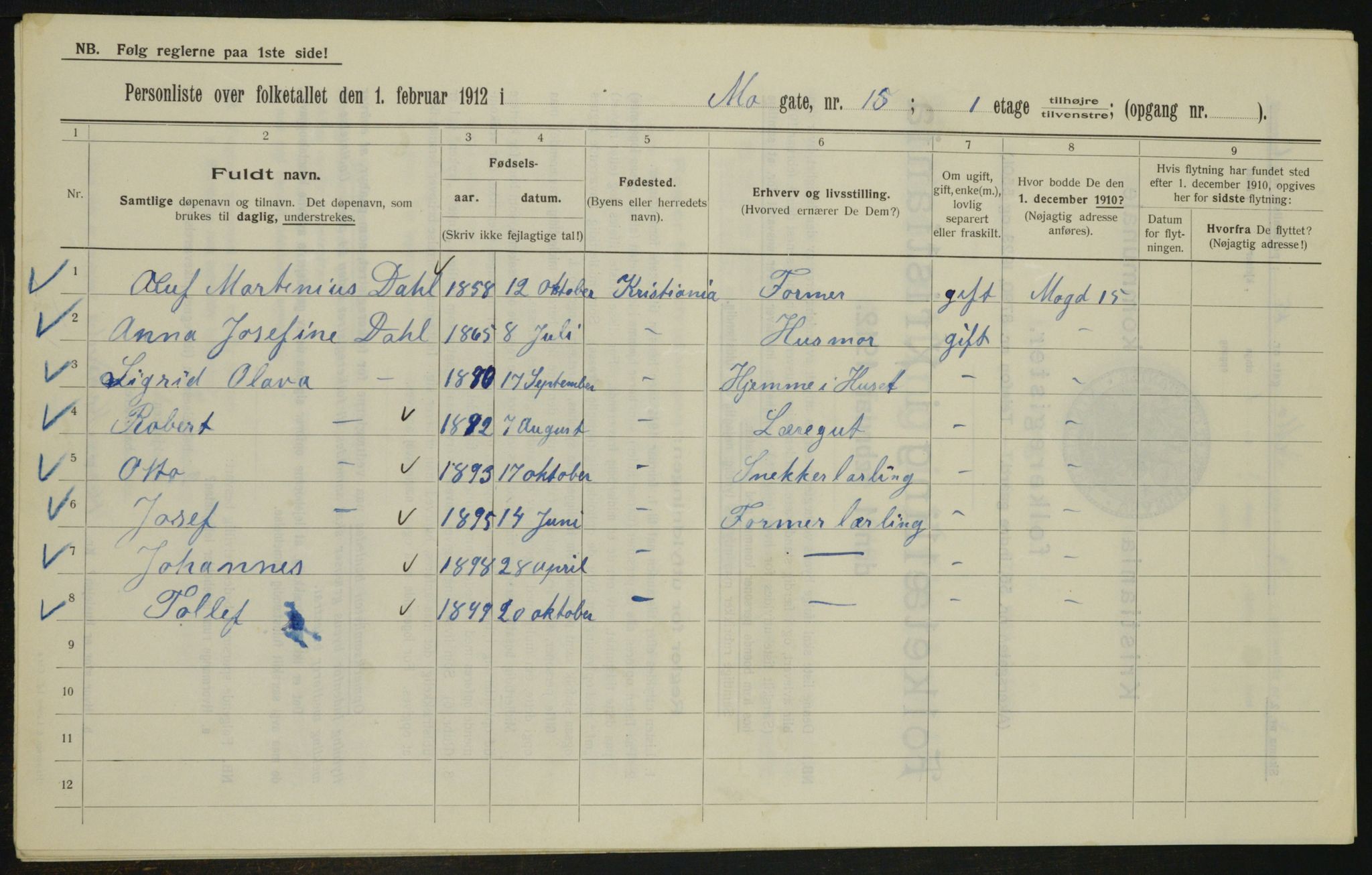 OBA, Municipal Census 1912 for Kristiania, 1912, p. 65915