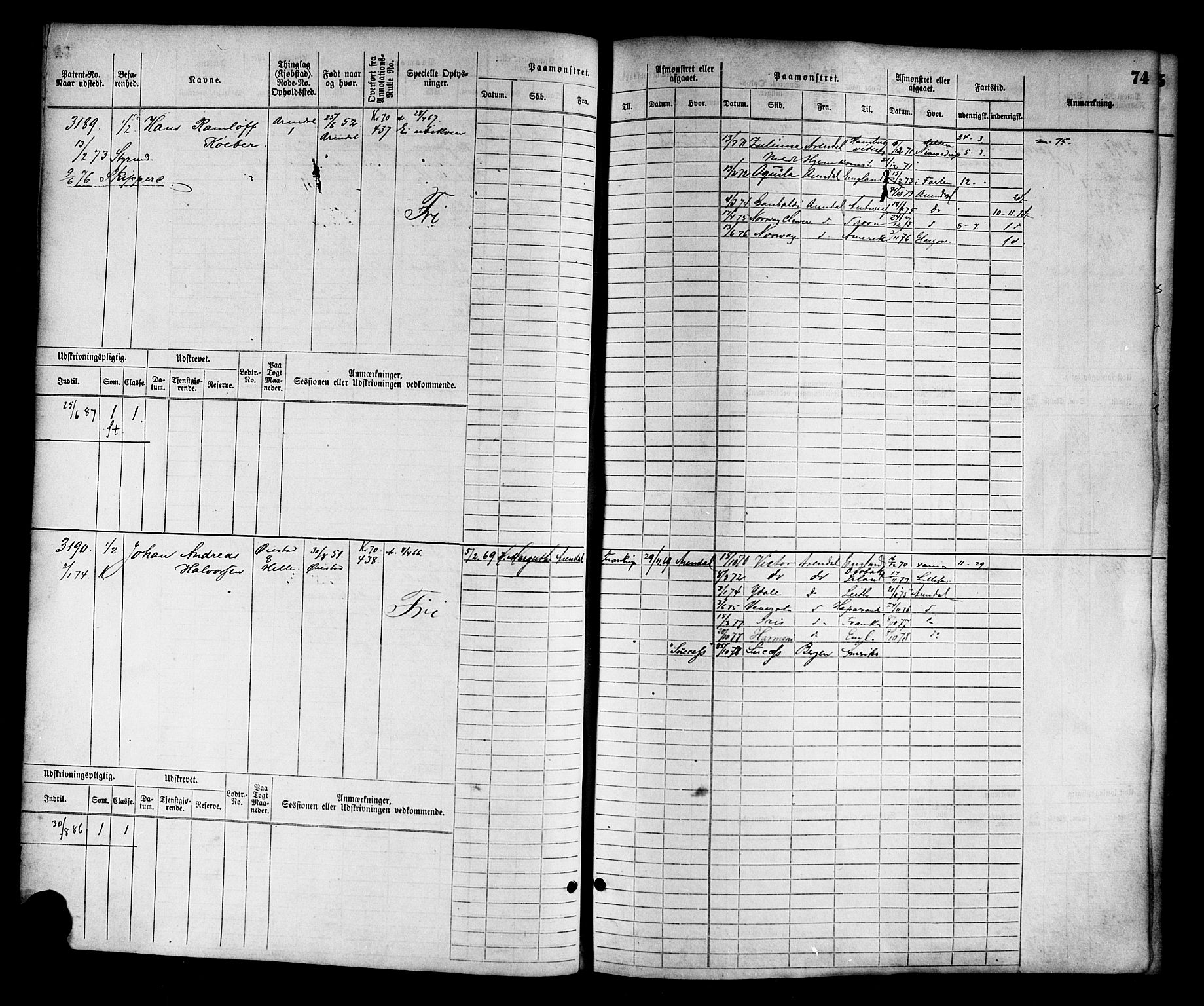 Arendal mønstringskrets, AV/SAK-2031-0012/F/Fb/L0014: Hovedrulle nr 3045-3806, S-12, 1868-1900, p. 76