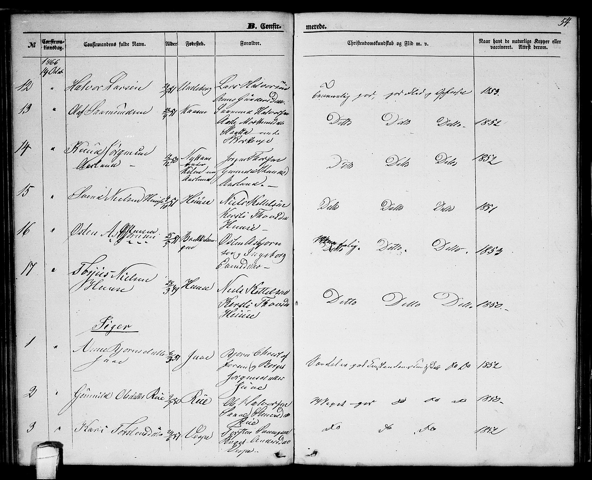 Seljord kirkebøker, SAKO/A-20/G/Ga/L0003: Parish register (copy) no. I 3, 1866-1873, p. 54