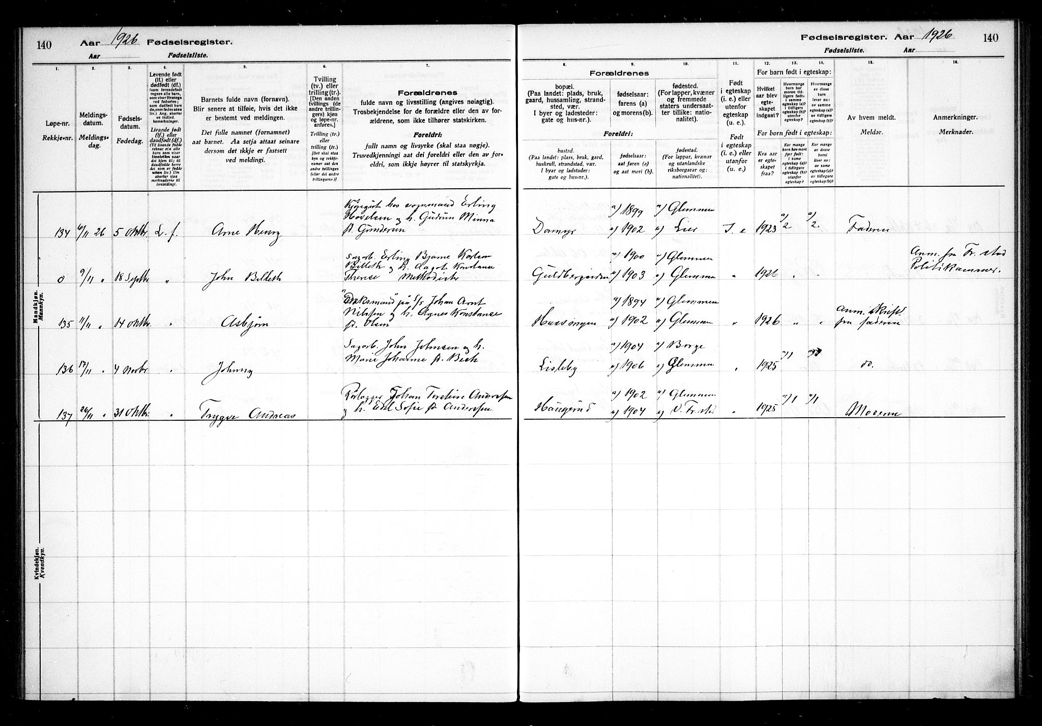 Glemmen prestekontor Kirkebøker, AV/SAO-A-10908/J/Ja/L0002: Birth register no. I 2, 1922-1929, p. 140