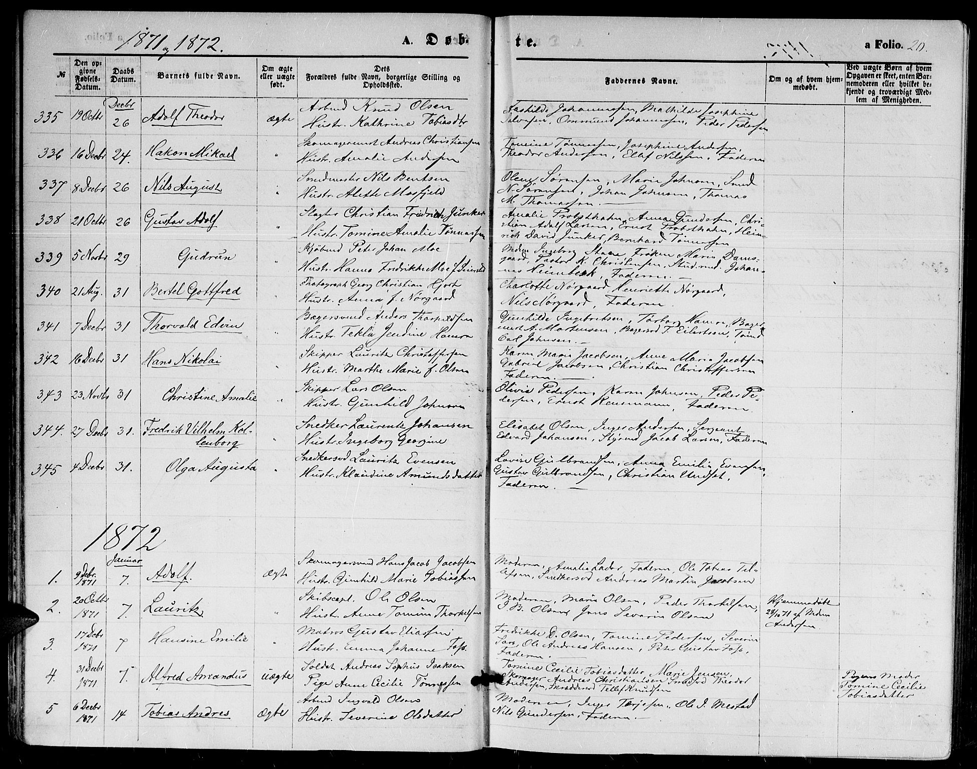 Kristiansand domprosti, SAK/1112-0006/F/Fb/L0013: Parish register (copy) no. B 13, 1871-1880, p. 20