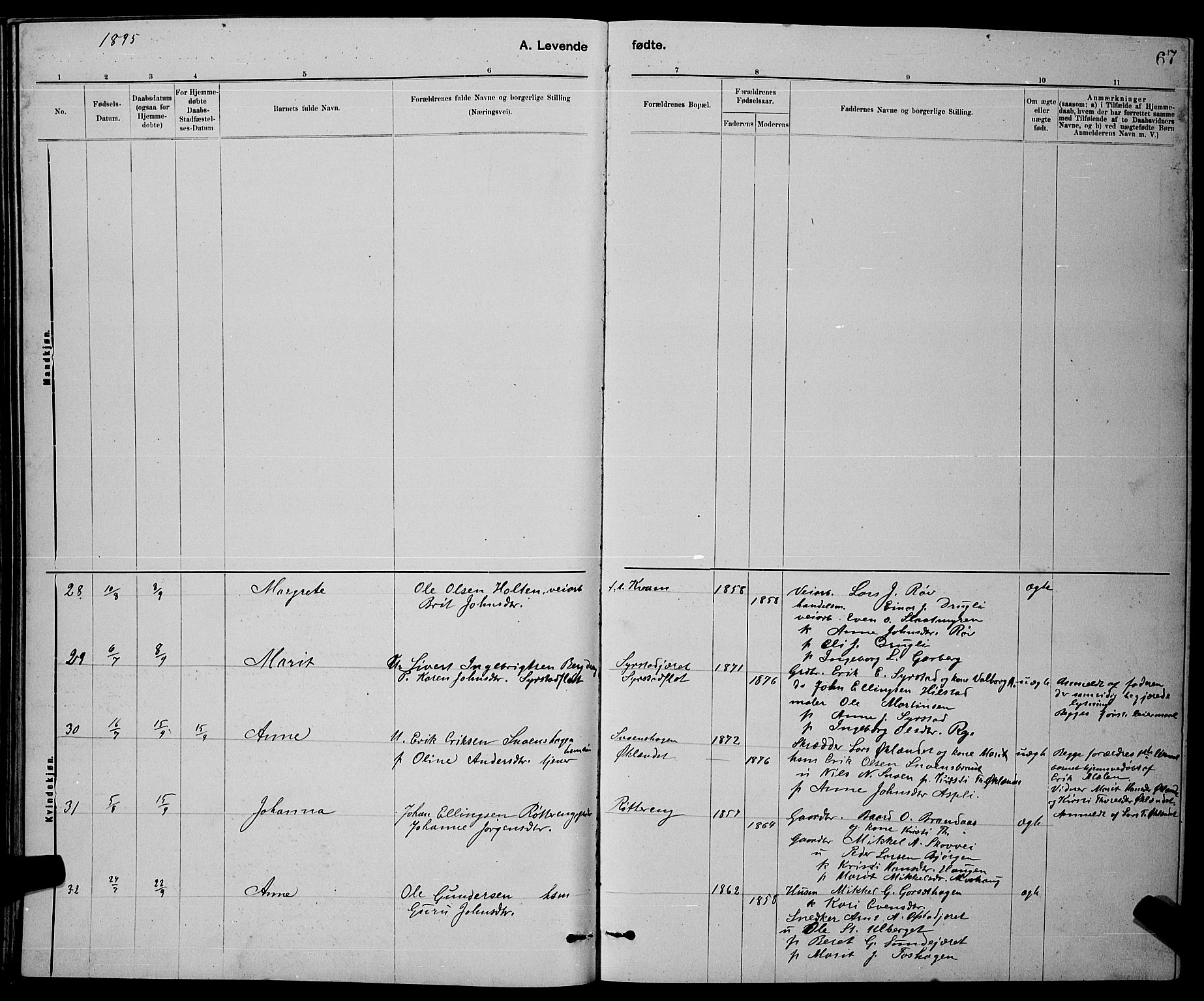 Ministerialprotokoller, klokkerbøker og fødselsregistre - Sør-Trøndelag, AV/SAT-A-1456/672/L0863: Parish register (copy) no. 672C02, 1888-1901, p. 67