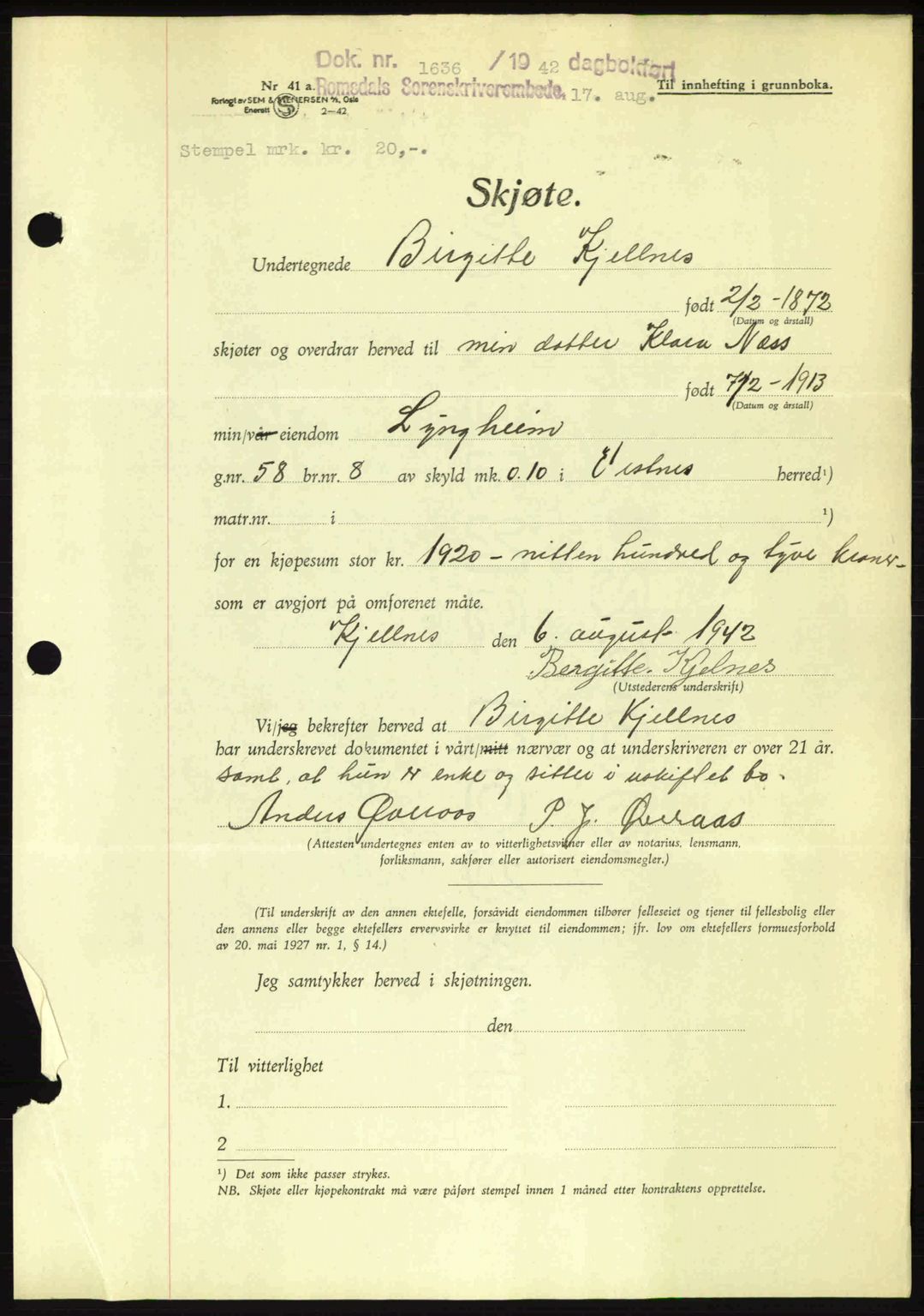 Romsdal sorenskriveri, AV/SAT-A-4149/1/2/2C: Mortgage book no. A12, 1942-1942, Diary no: : 1636/1942