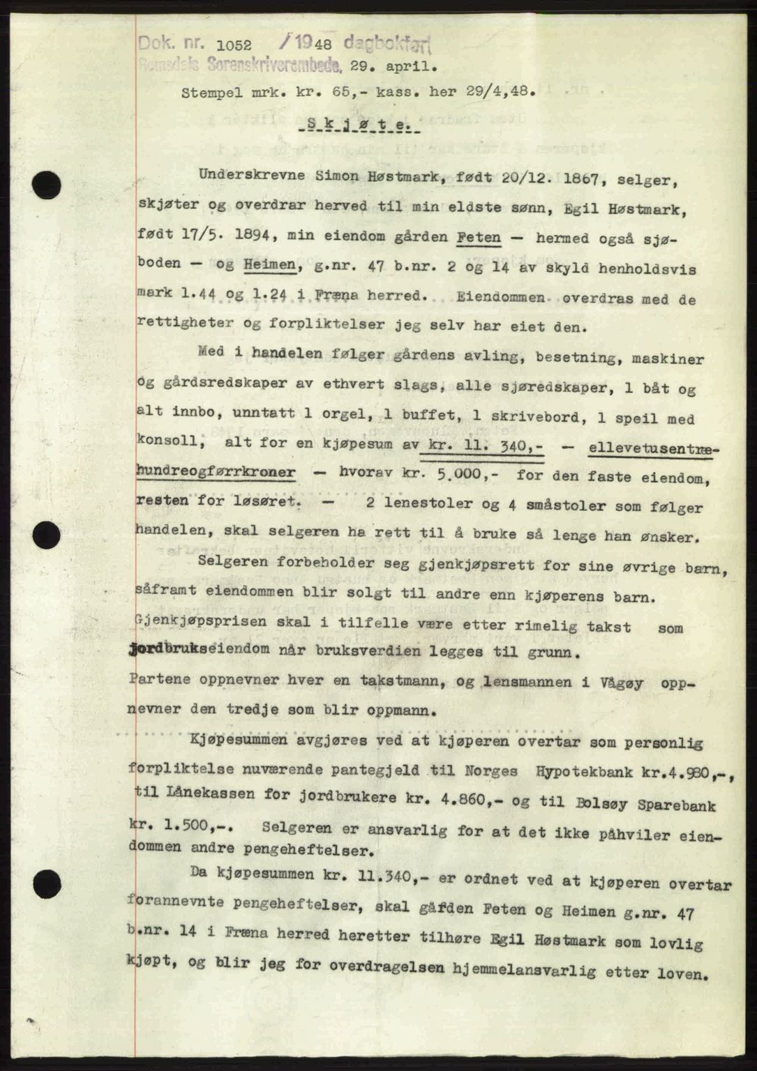 Romsdal sorenskriveri, AV/SAT-A-4149/1/2/2C: Mortgage book no. A26, 1948-1948, Diary no: : 1052/1948