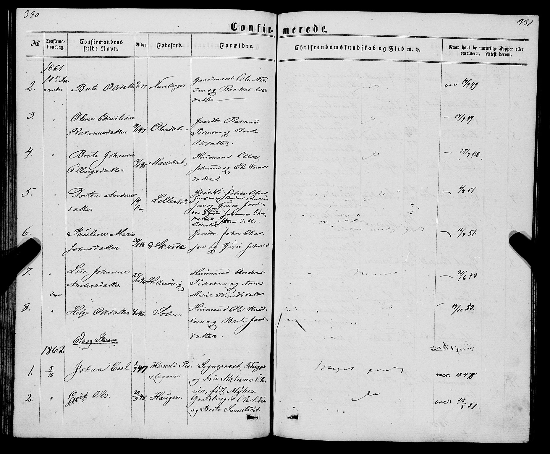 Eid sokneprestembete, SAB/A-82301/H/Haa/Haaa/L0009: Parish register (official) no. A 9, 1861-1868, p. 330-331