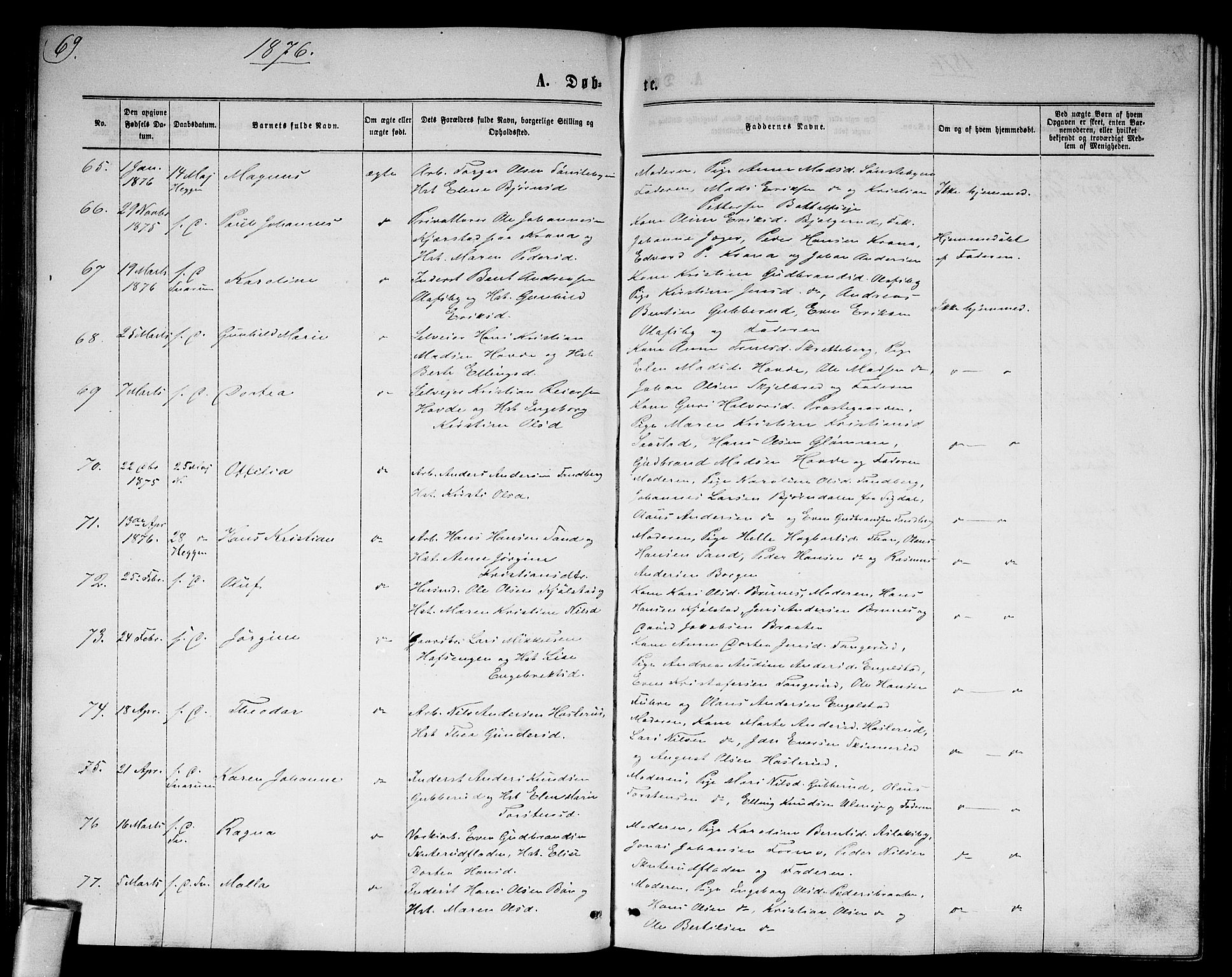 Modum kirkebøker, AV/SAKO-A-234/G/Ga/L0007: Parish register (copy) no. I 7, 1869-1878, p. 69