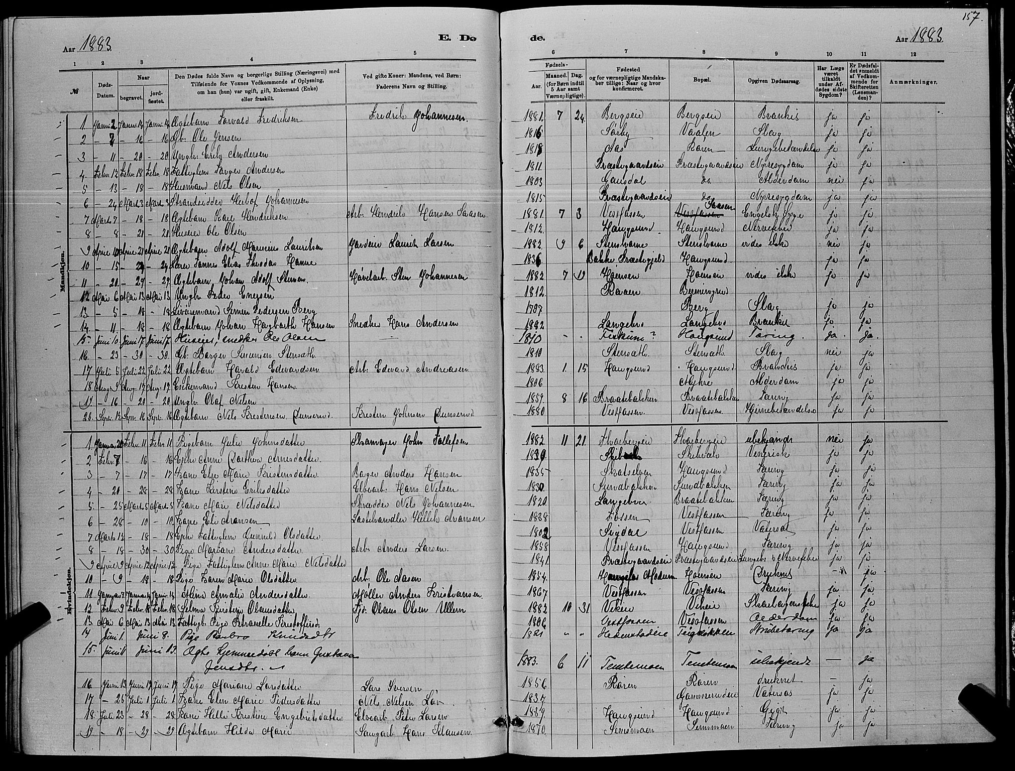 Eiker kirkebøker, SAKO/A-4/G/Ga/L0005: Parish register (copy) no. I 5, 1878-1887, p. 157