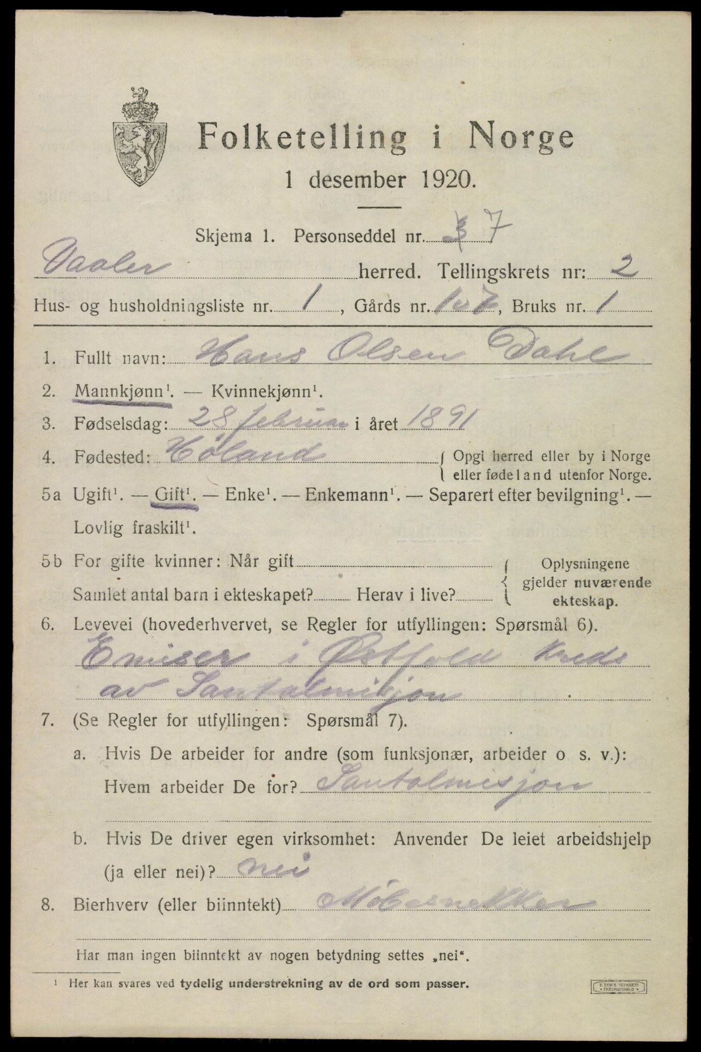 SAO, 1920 census for Våler, 1920, p. 1394