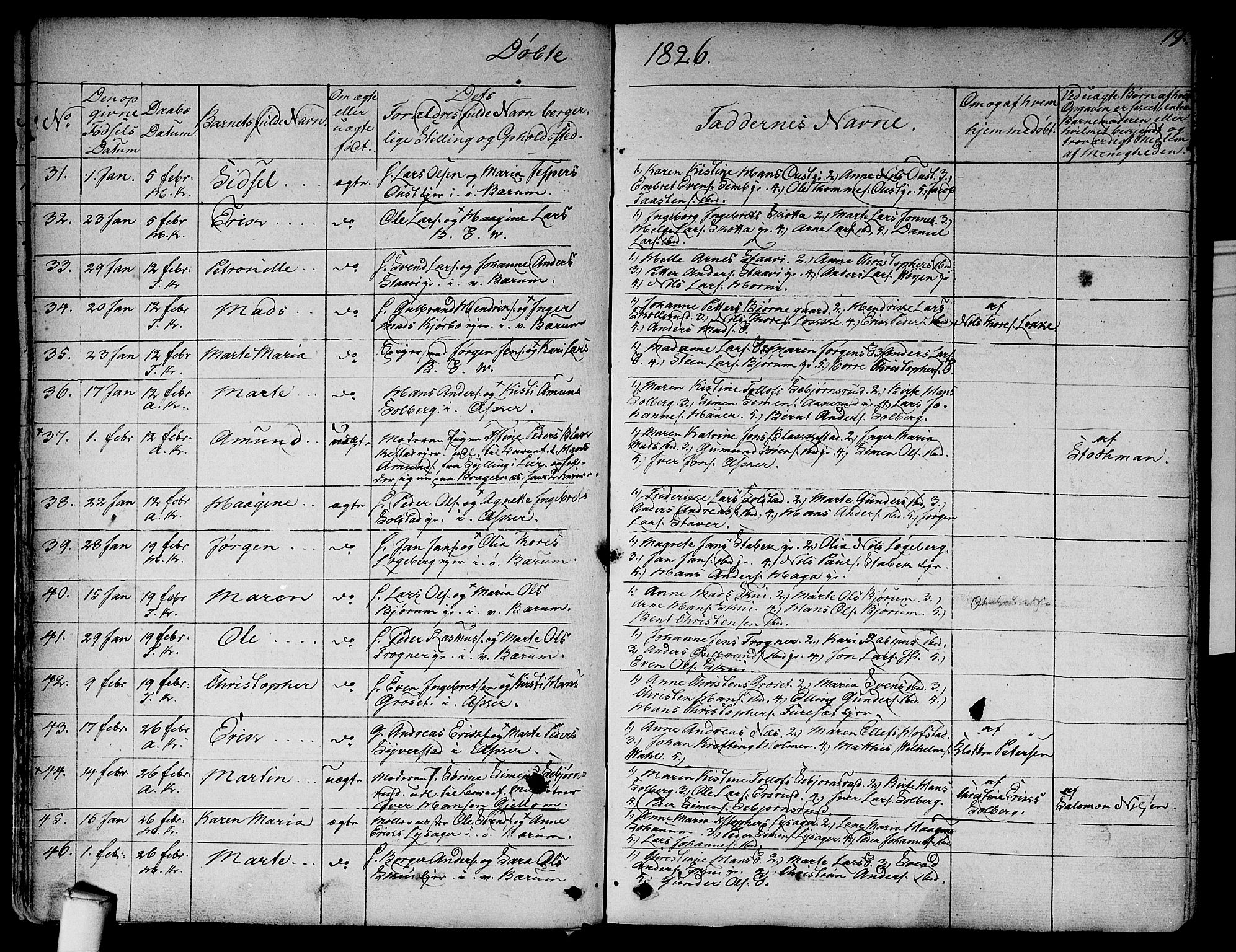 Asker prestekontor Kirkebøker, SAO/A-10256a/F/Fa/L0007: Parish register (official) no. I 7, 1825-1864, p. 19