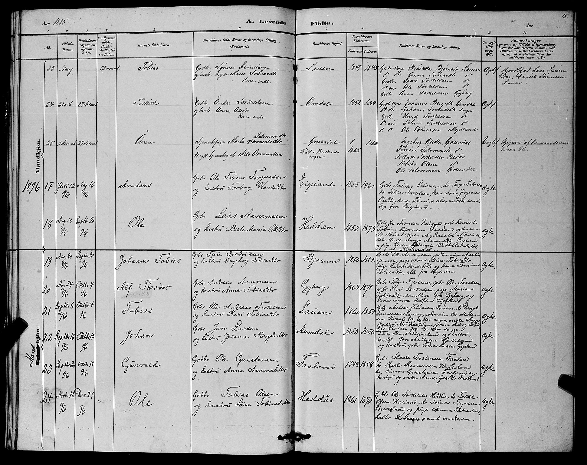 Hægebostad sokneprestkontor, SAK/1111-0024/F/Fb/Fba/L0003: Parish register (copy) no. B 3, 1883-1896, p. 15