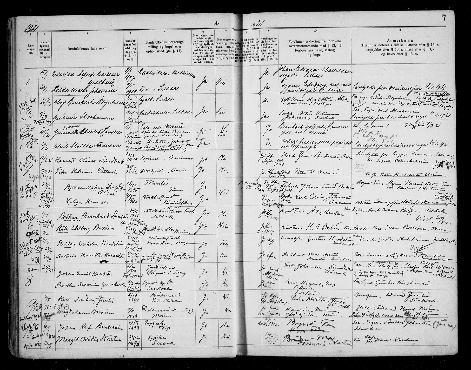 Borge prestekontor Kirkebøker, SAO/A-10903/H/Ha/L0001: Banns register no. I 1, 1919-1936, p. 7