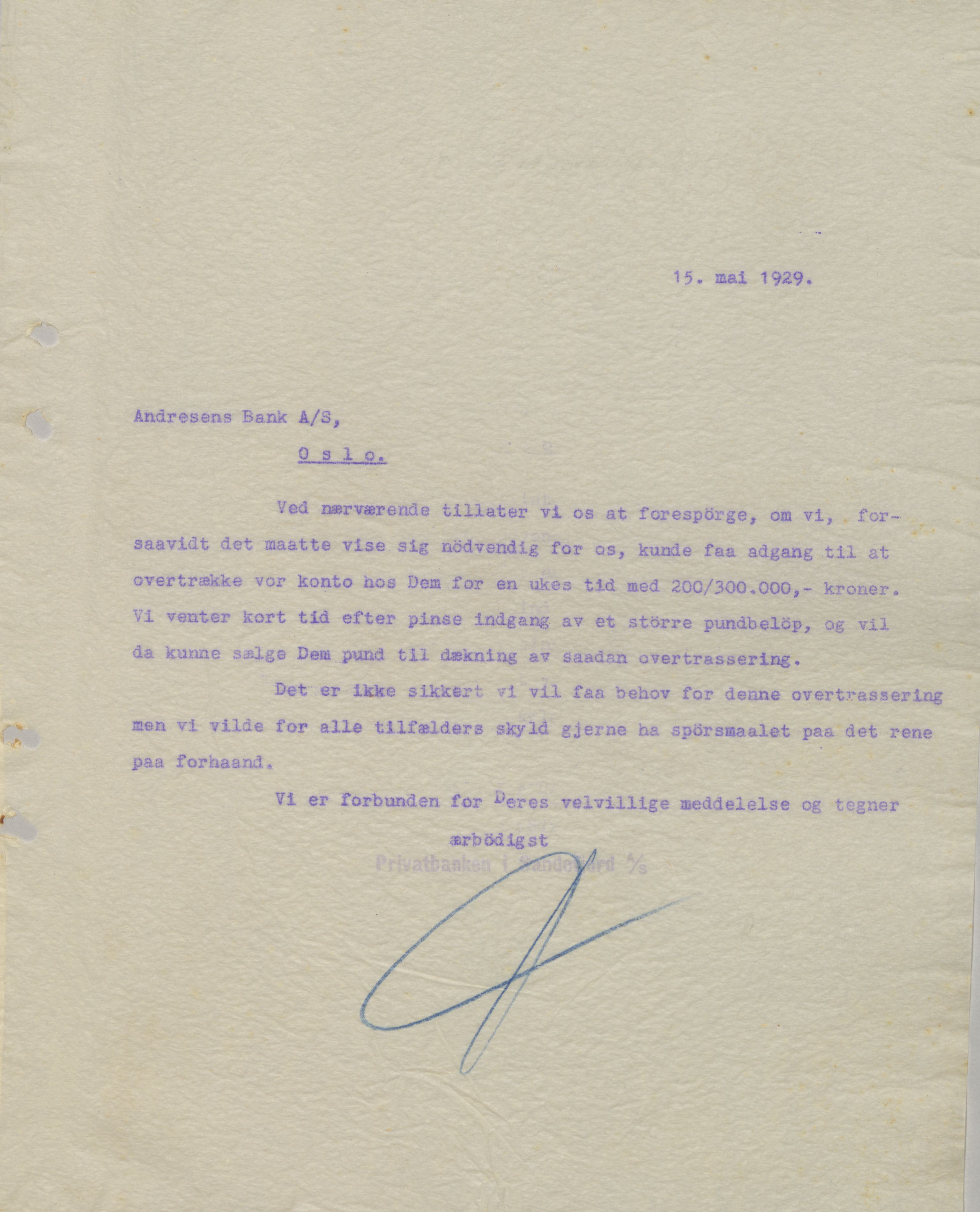 Privatbanken i Sandefjord AS, VEMU/ARS-A-1256/B/Ba/L0002: Kopibok, 1929