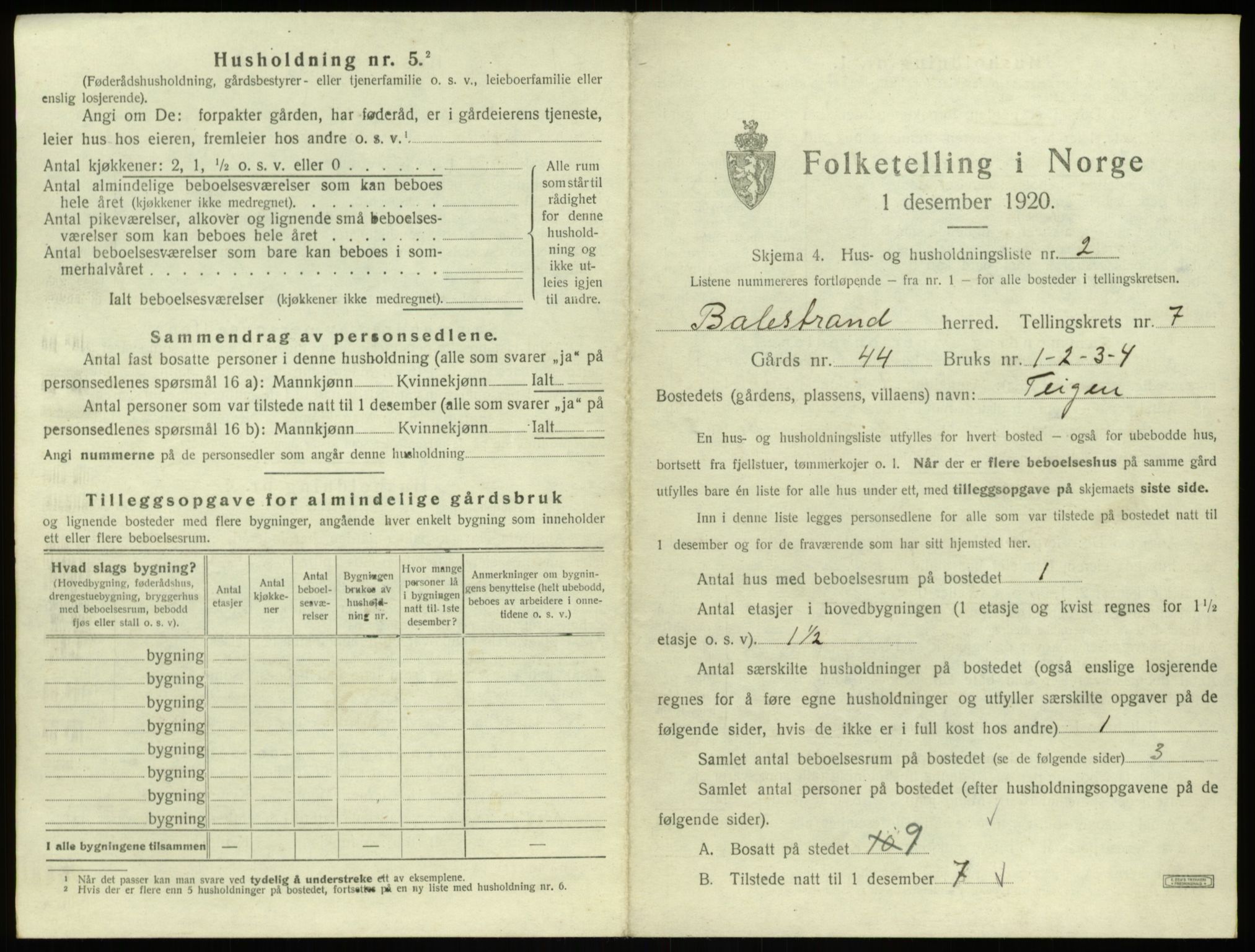 SAB, 1920 census for Balestrand, 1920, p. 423