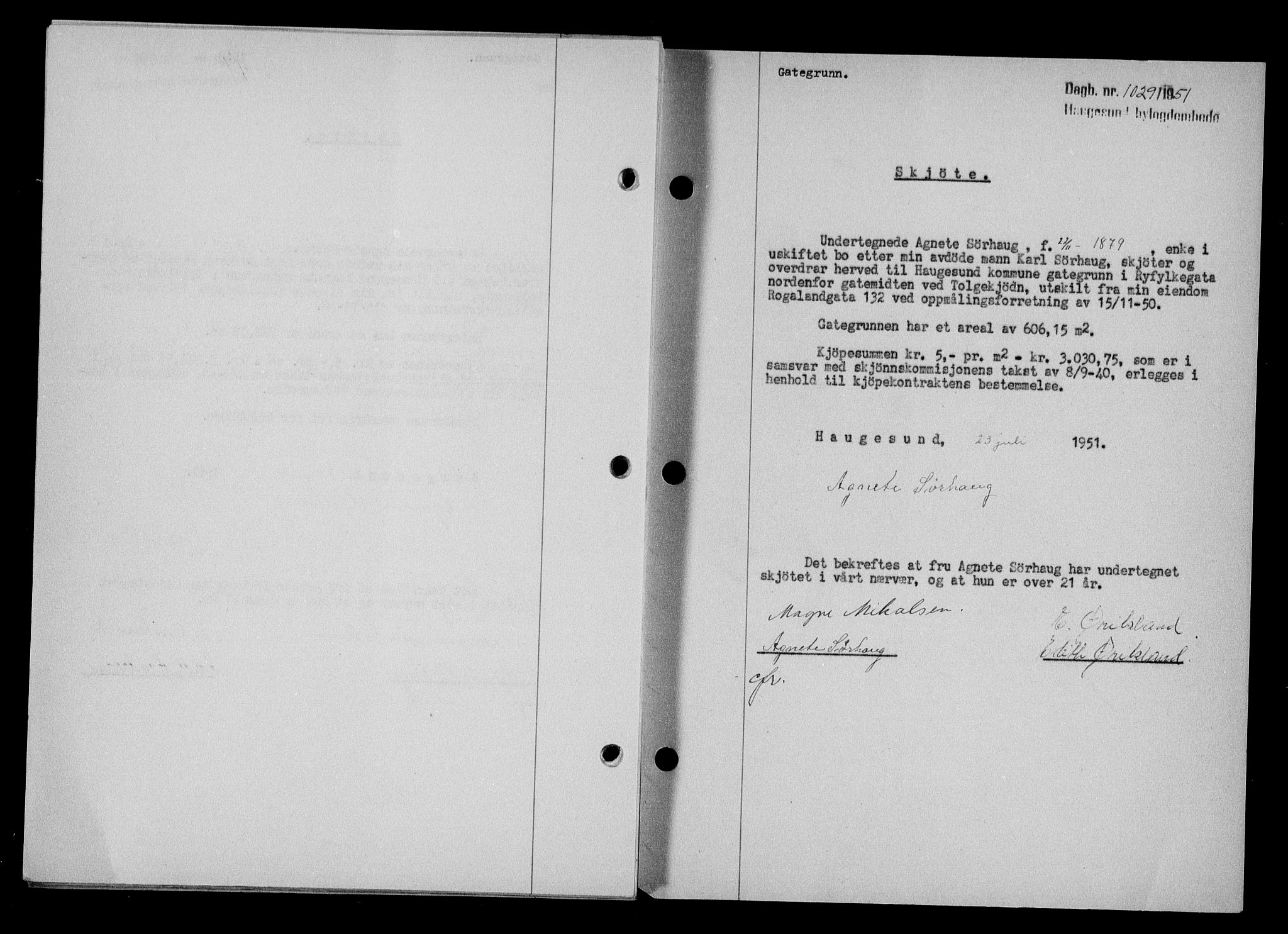 Haugesund tingrett, AV/SAST-A-101415/01/II/IIC/L0065: Mortgage book no. A 6, 1951-1953, Diary no: : 1029/1951