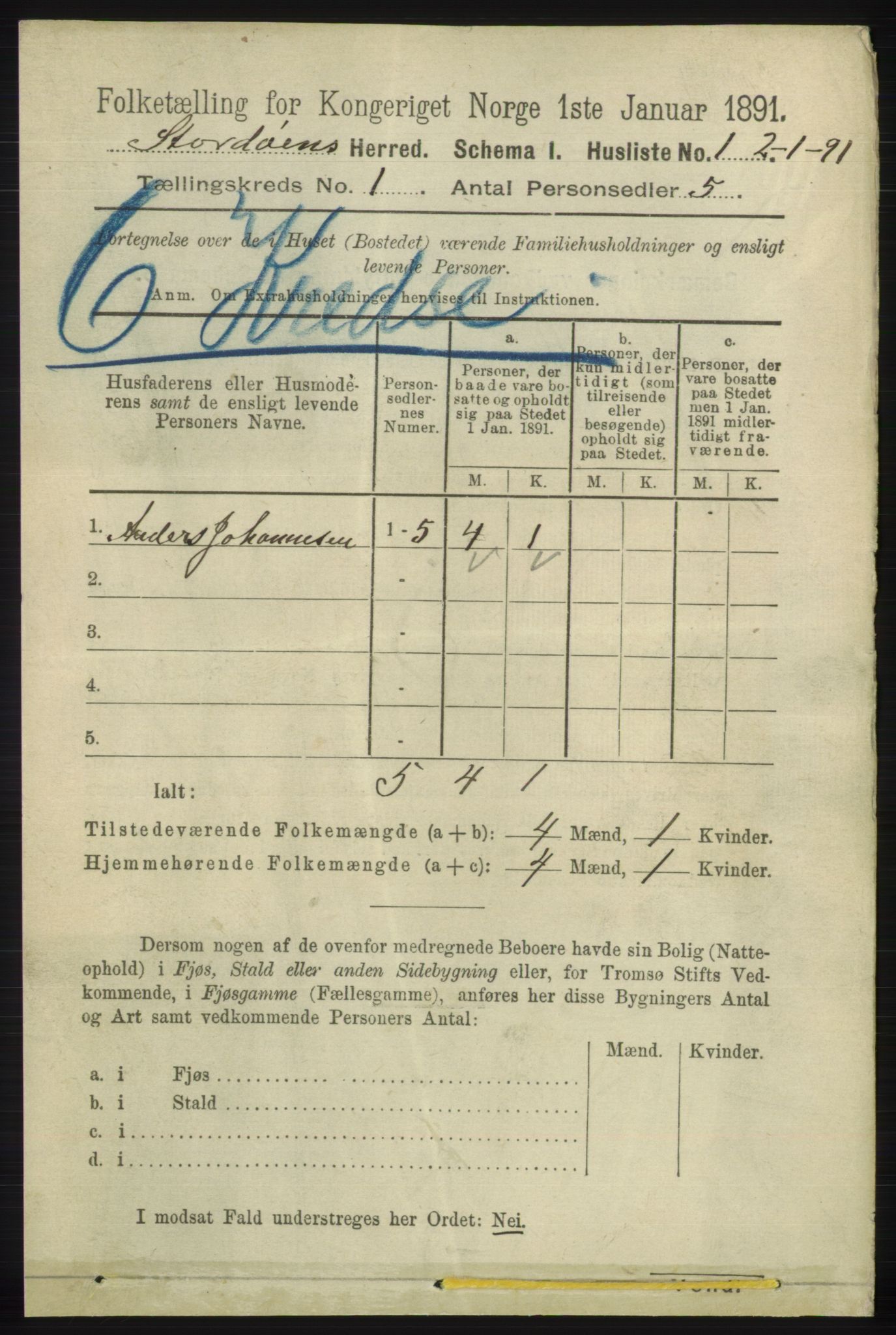 RA, 1891 census for 1221 Stord, 1891, p. 19