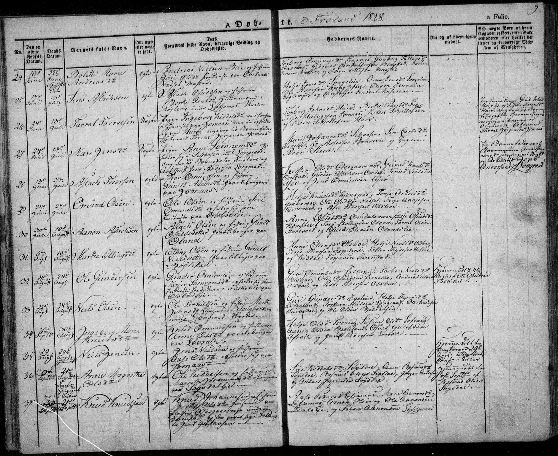 Froland sokneprestkontor, AV/SAK-1111-0013/F/Fa/L0001: Parish register (official) no. A 1, 1827-1844, p. 9