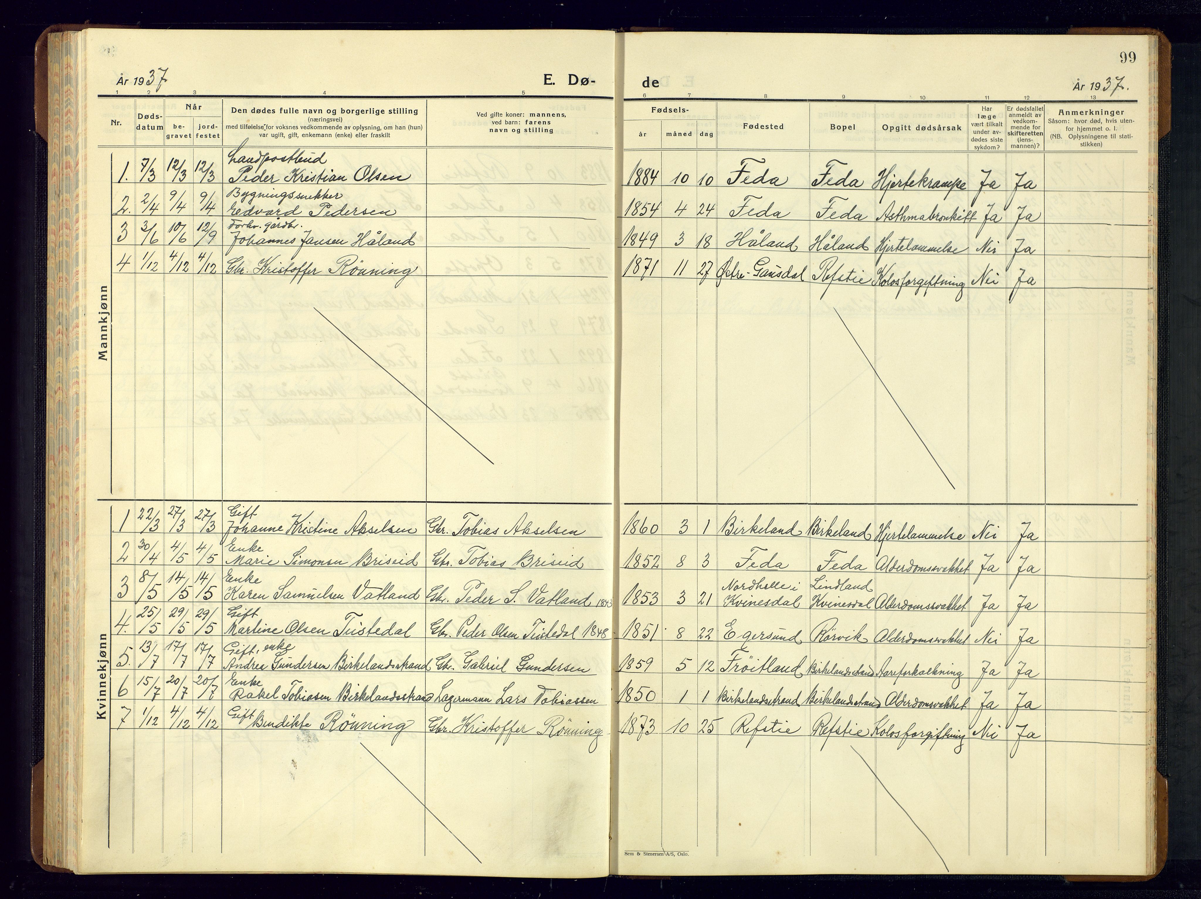 Kvinesdal sokneprestkontor, AV/SAK-1111-0026/F/Fb/Fba/L0006: Parish register (copy) no. B 6, 1935-1956, p. 99