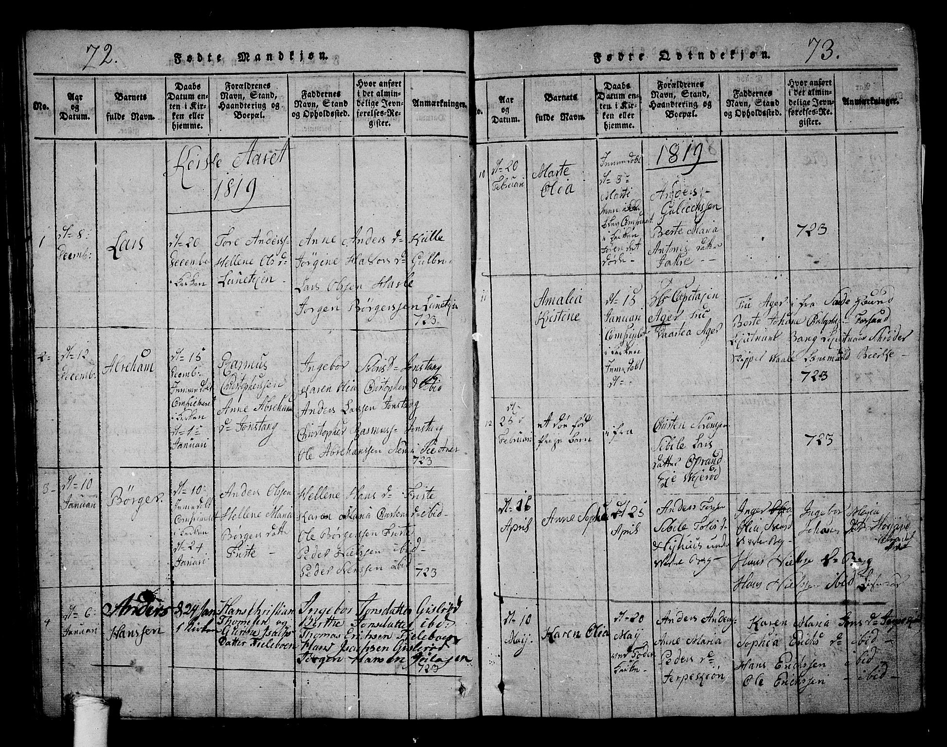 Ramnes kirkebøker, AV/SAKO-A-314/G/Ga/L0001: Parish register (copy) no. I 1, 1813-1847, p. 72-73