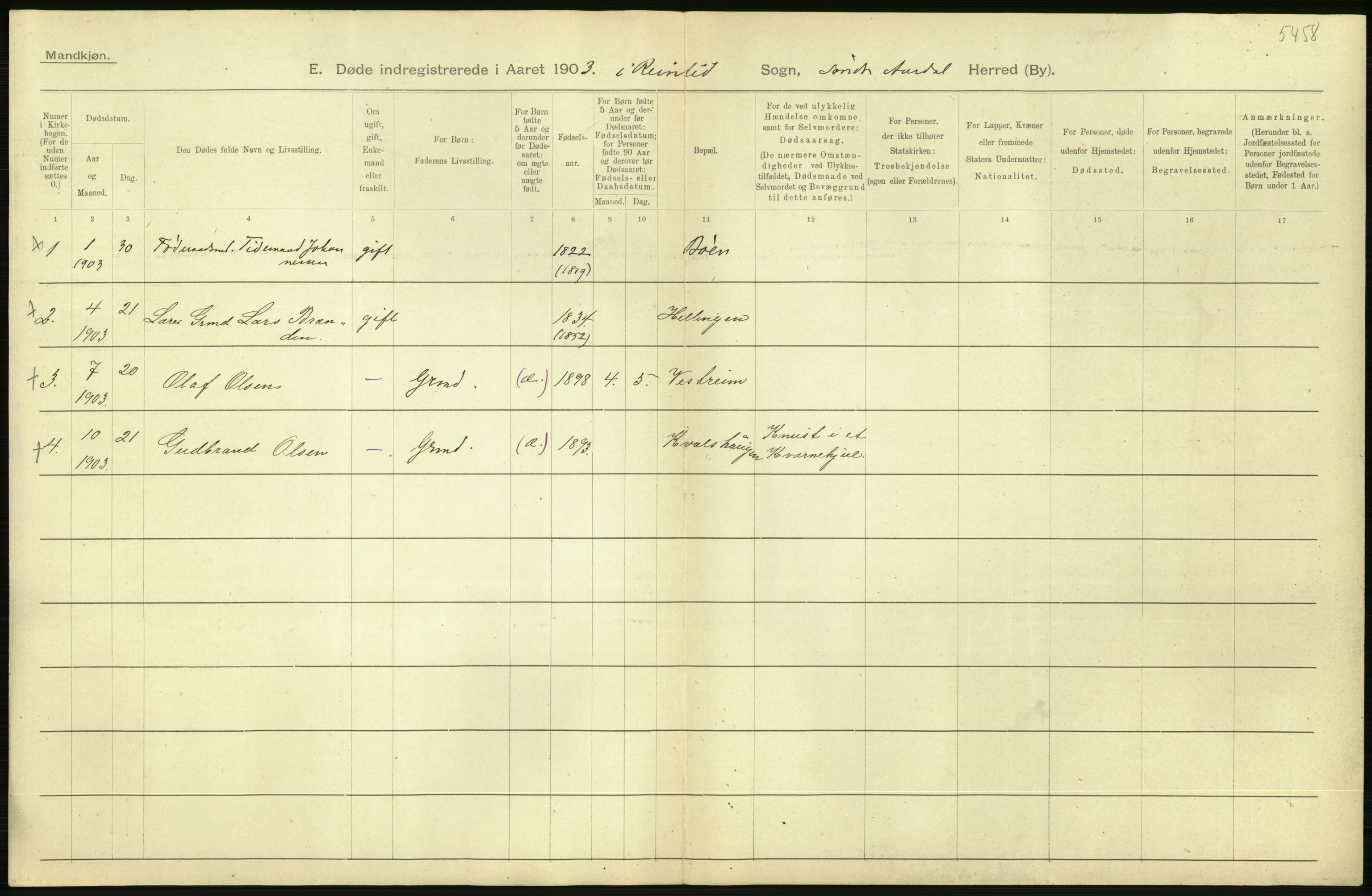 Statistisk sentralbyrå, Sosiodemografiske emner, Befolkning, AV/RA-S-2228/D/Df/Dfa/Dfaa/L0006: Kristians amt: Fødte, gifte, døde, 1903, p. 614