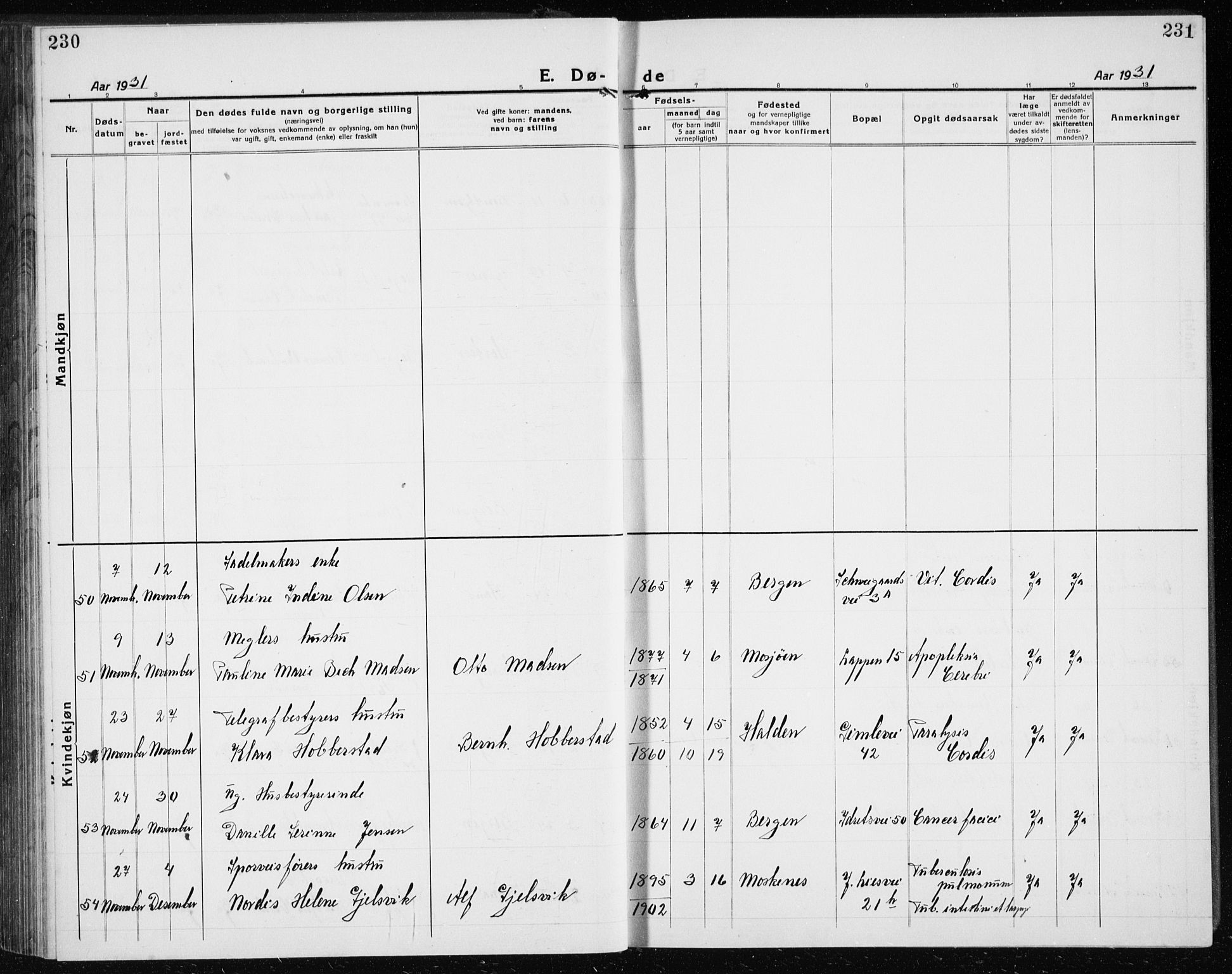 Årstad Sokneprestembete, AV/SAB-A-79301/H/Hab/L0025: Parish register (copy) no. D 2, 1922-1940, p. 230-231