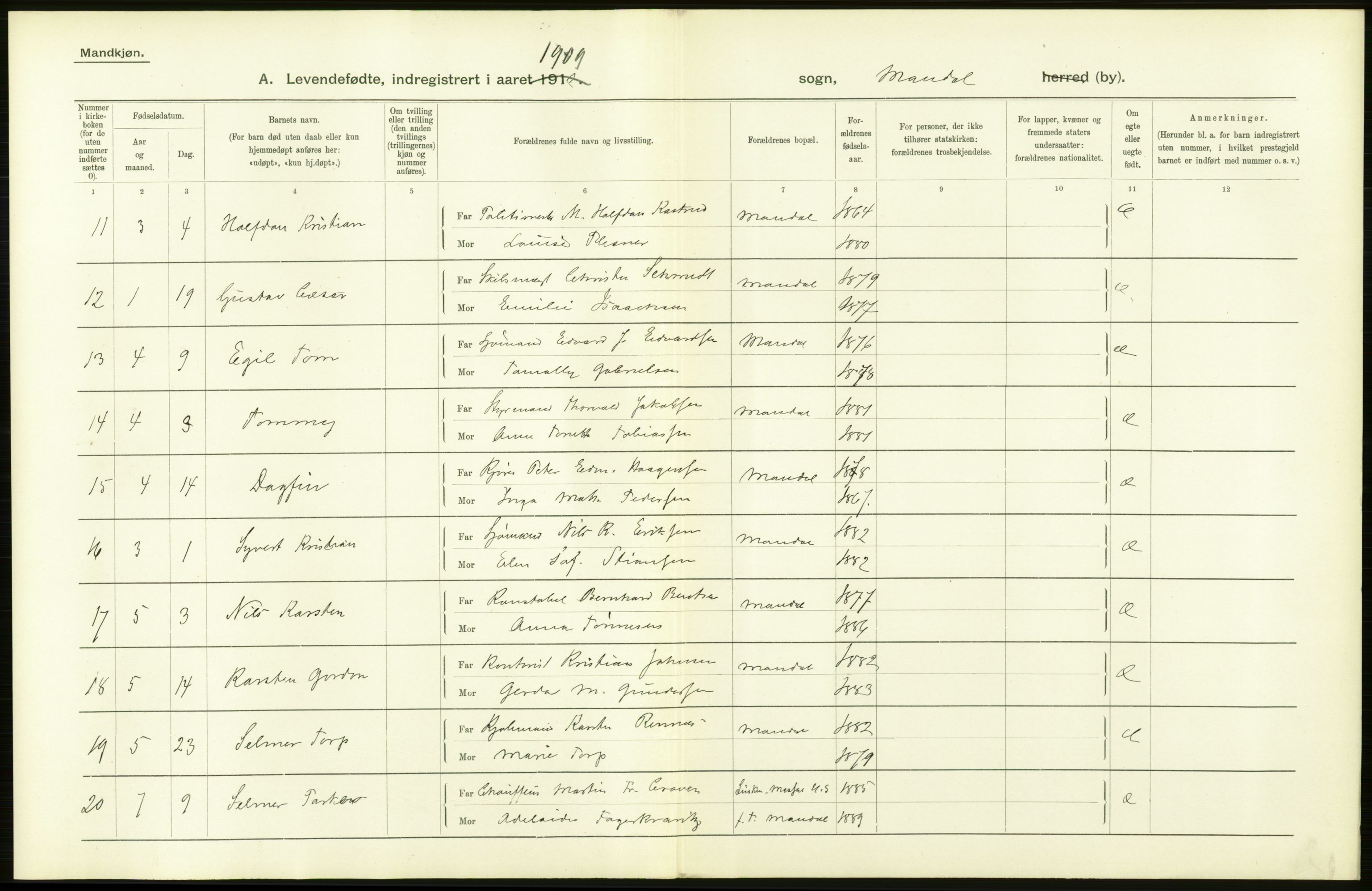 Statistisk sentralbyrå, Sosiodemografiske emner, Befolkning, AV/RA-S-2228/D/Df/Dfa/Dfag/L0023: Lister og Mandals amt: Levendefødte menn og kvinner. Bygder og byer., 1909, p. 16