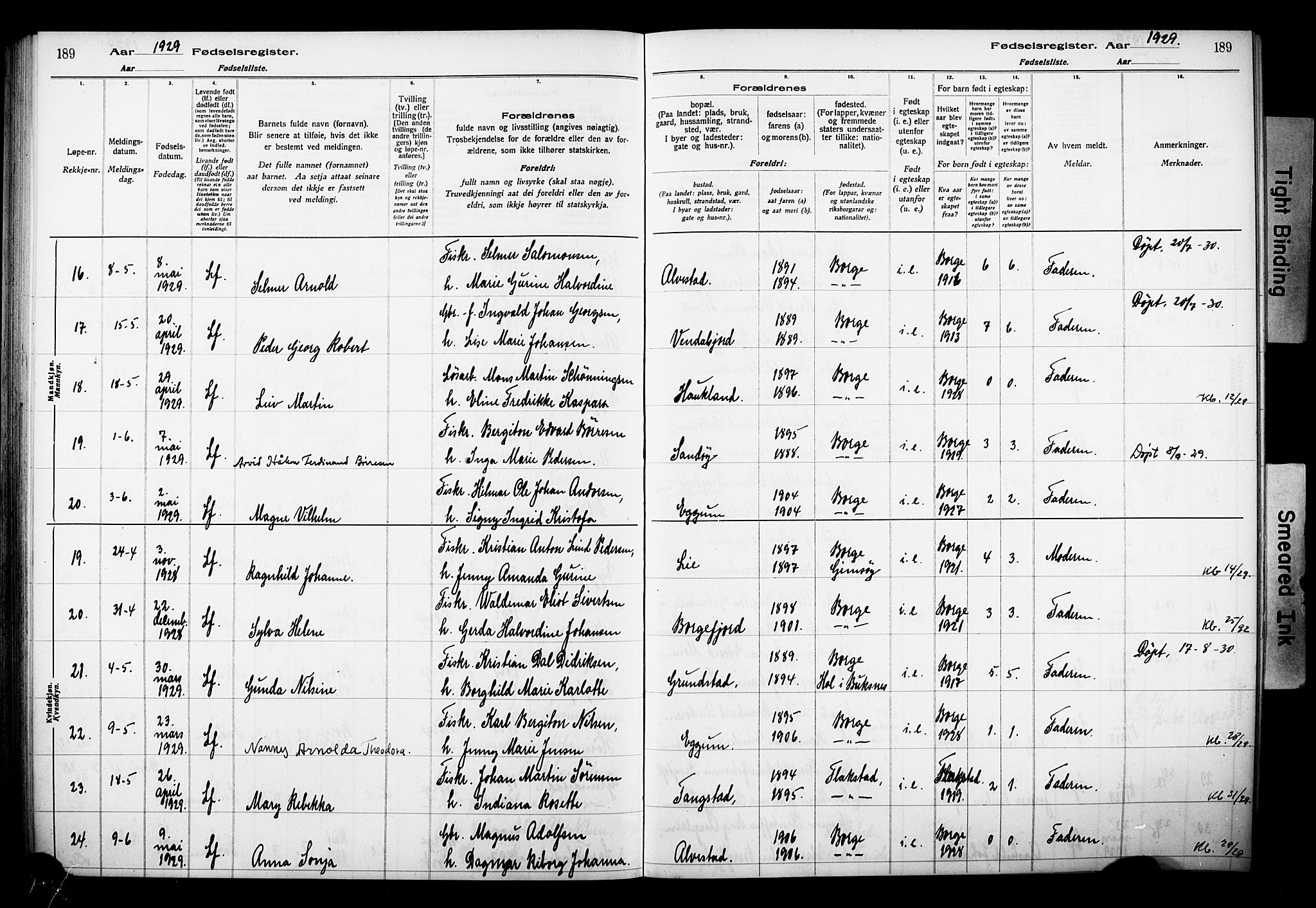 Ministerialprotokoller, klokkerbøker og fødselsregistre - Nordland, AV/SAT-A-1459/880/L1145: Birth register no. 880.II.4.1, 1916-1929, p. 189