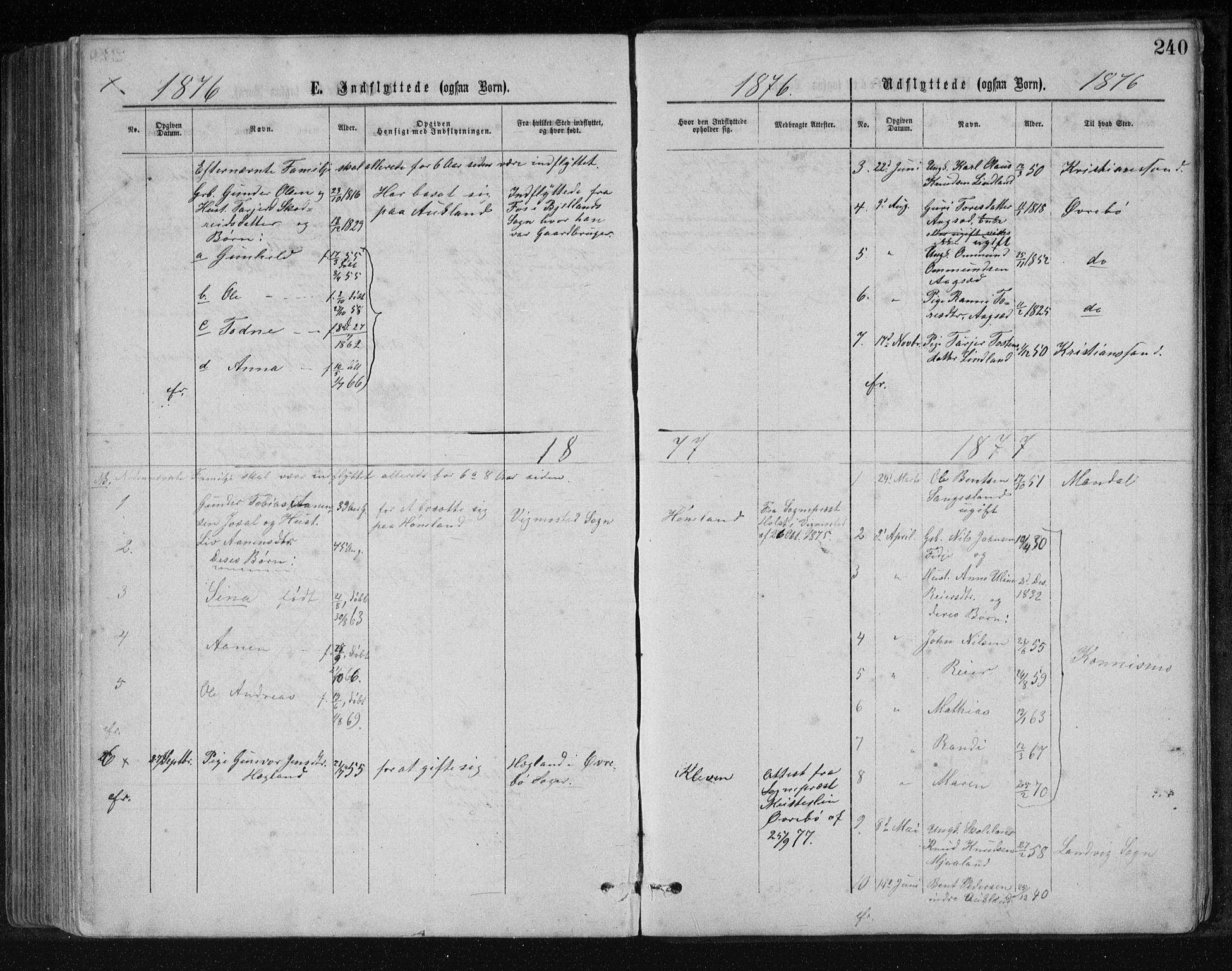 Holum sokneprestkontor, SAK/1111-0022/F/Fb/Fbb/L0003: Parish register (copy) no. B 3, 1875-1898, p. 240