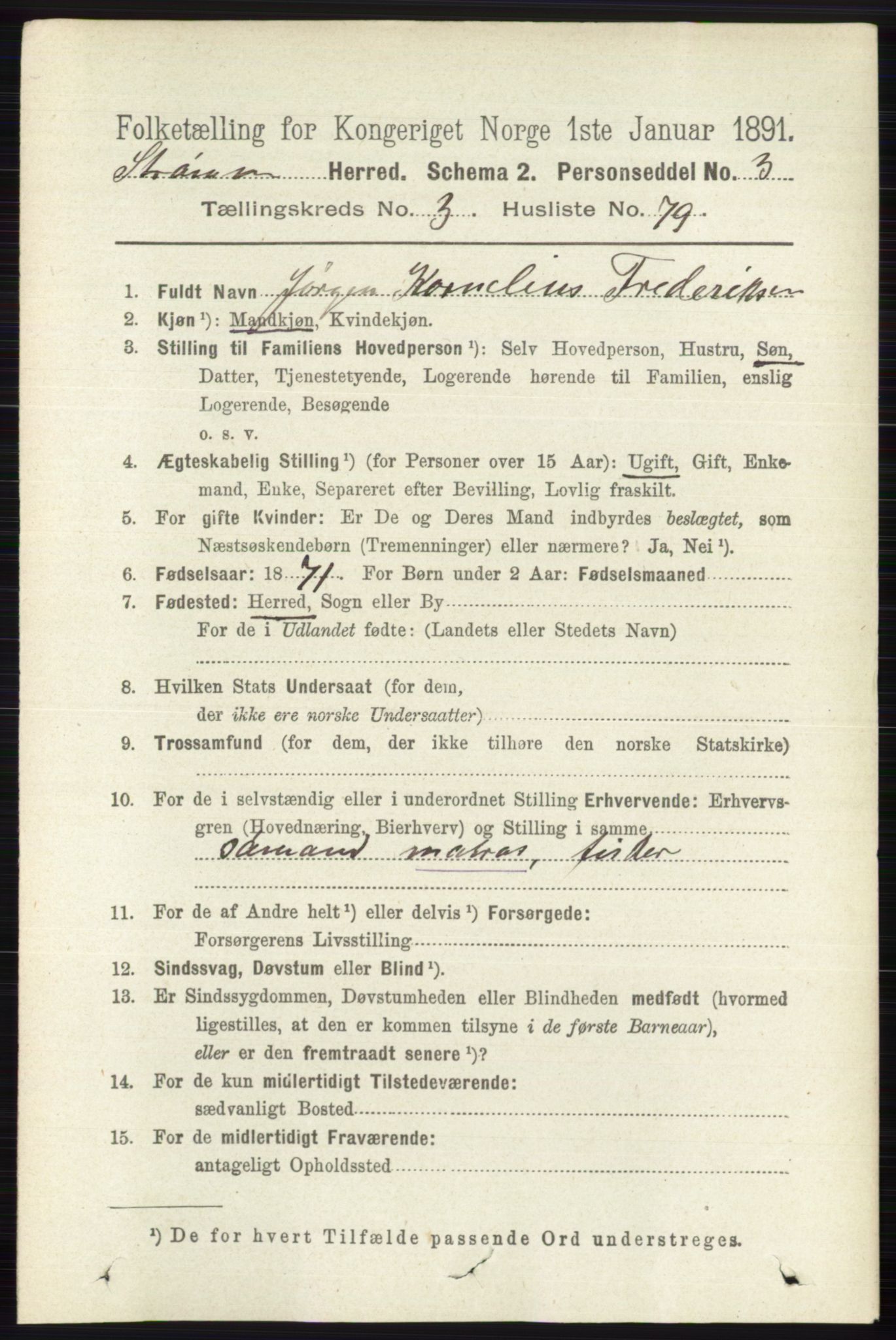 RA, 1891 census for 0711 Strømm, 1891, p. 1504