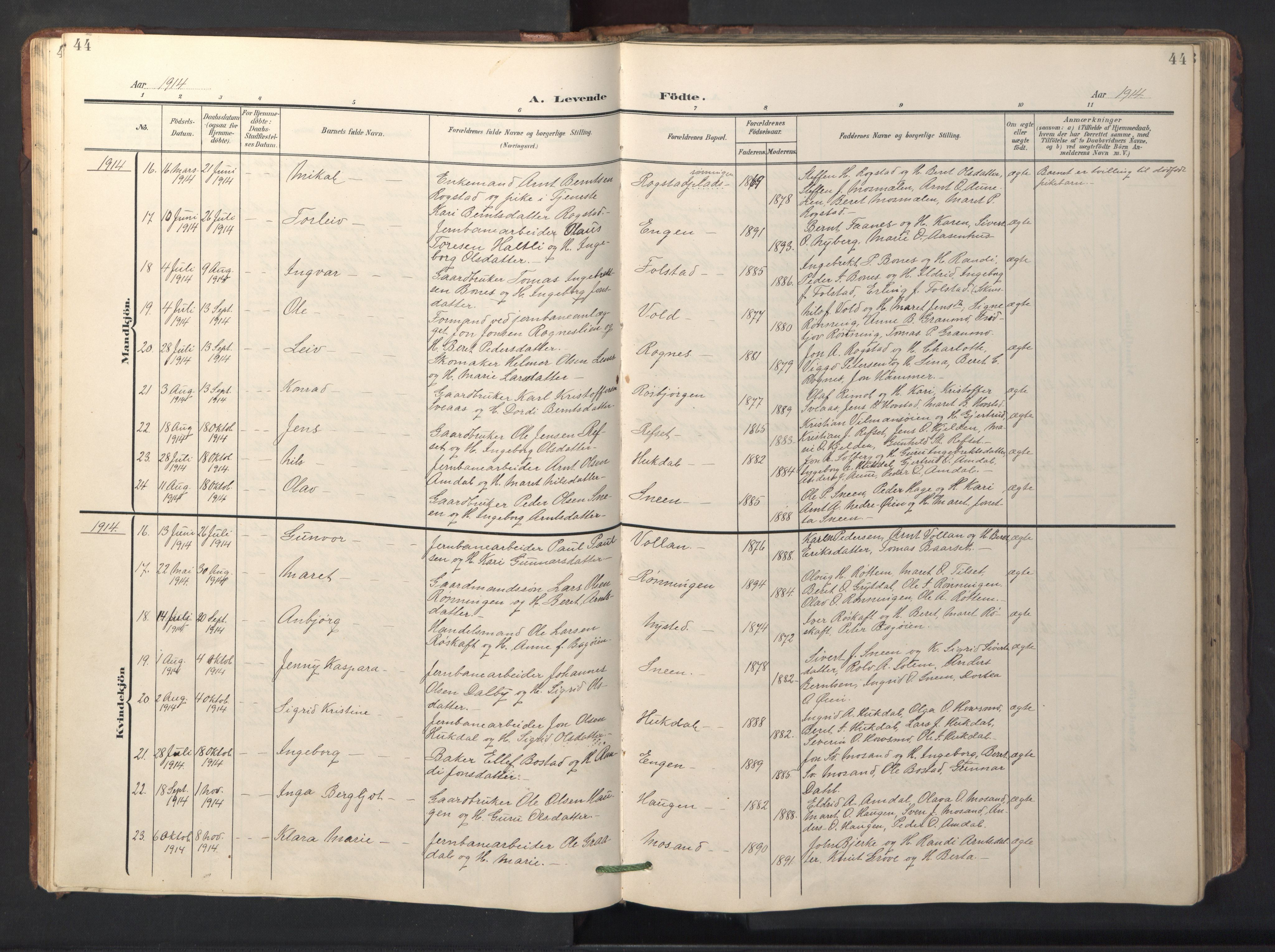Ministerialprotokoller, klokkerbøker og fødselsregistre - Sør-Trøndelag, SAT/A-1456/687/L1019: Parish register (copy) no. 687C03, 1904-1931, p. 44
