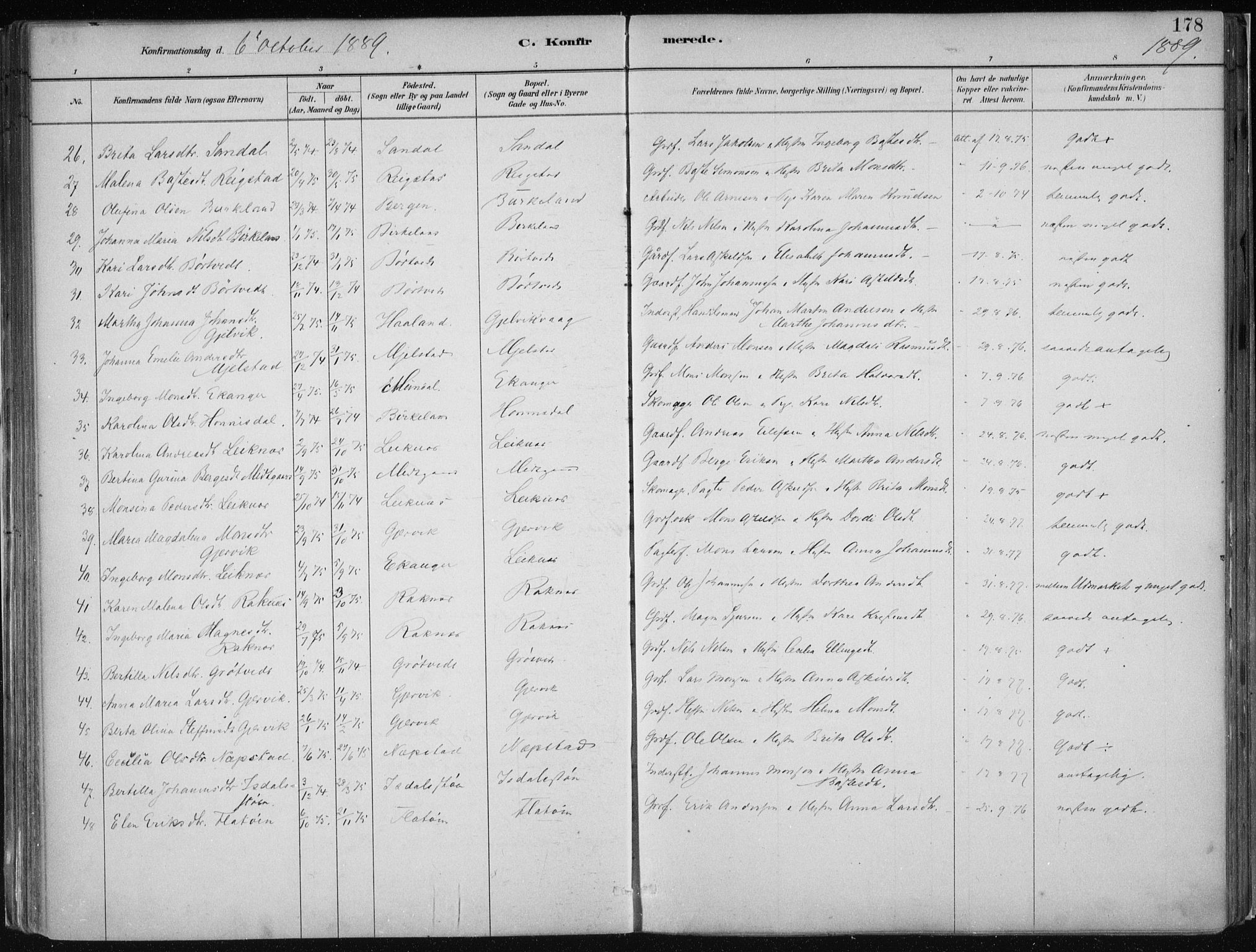 Hamre sokneprestembete, AV/SAB-A-75501/H/Ha/Haa/Haab/L0001: Parish register (official) no. B  1, 1882-1905, p. 178