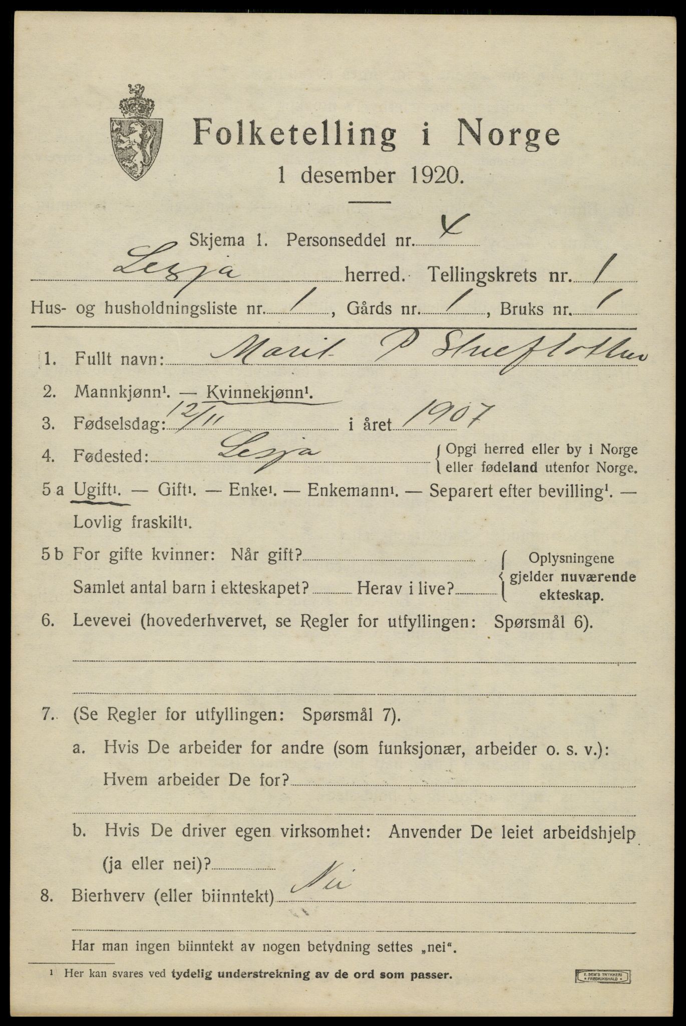 SAH, 1920 census for Lesja, 1920, p. 1052