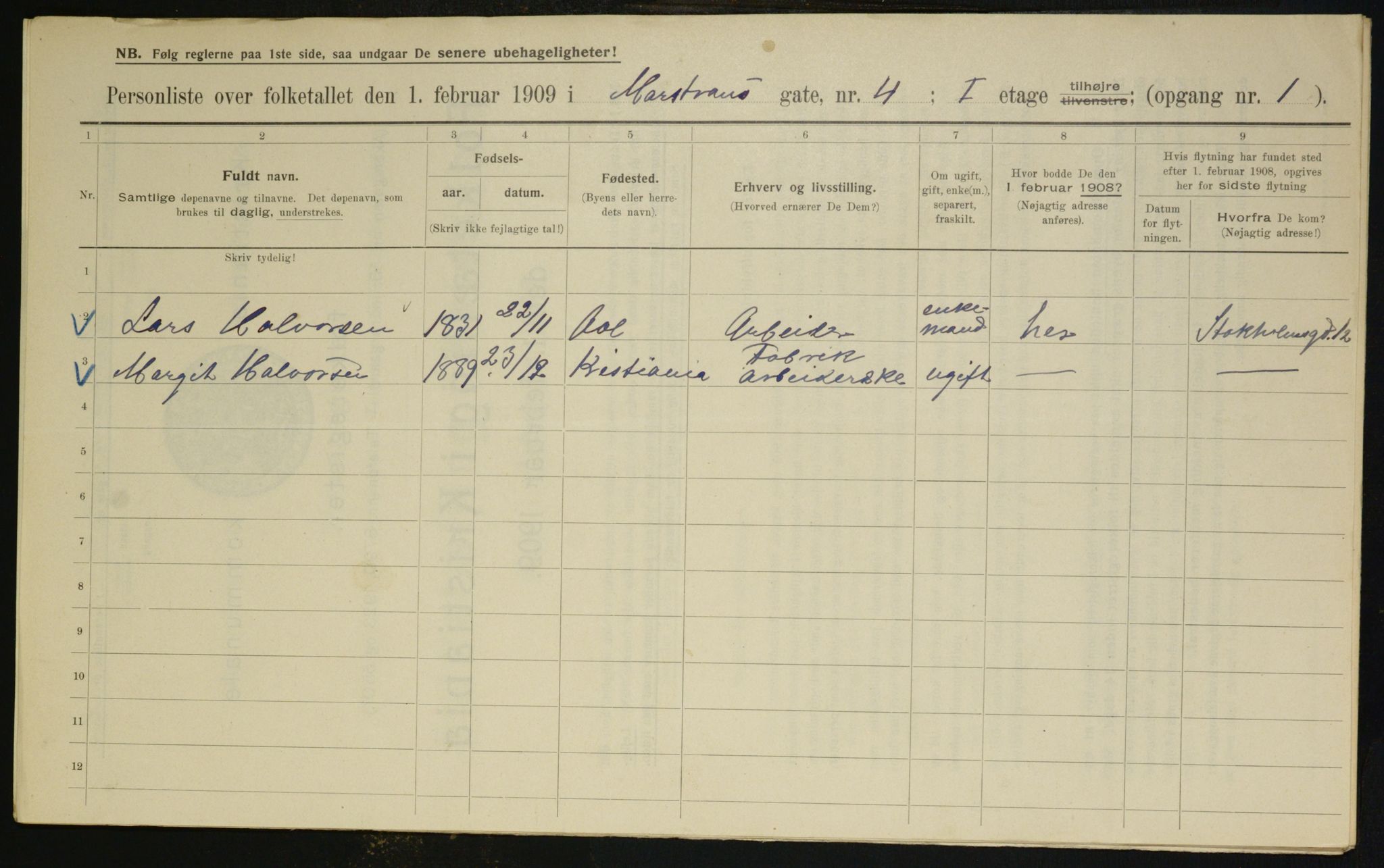 OBA, Municipal Census 1909 for Kristiania, 1909, p. 58703