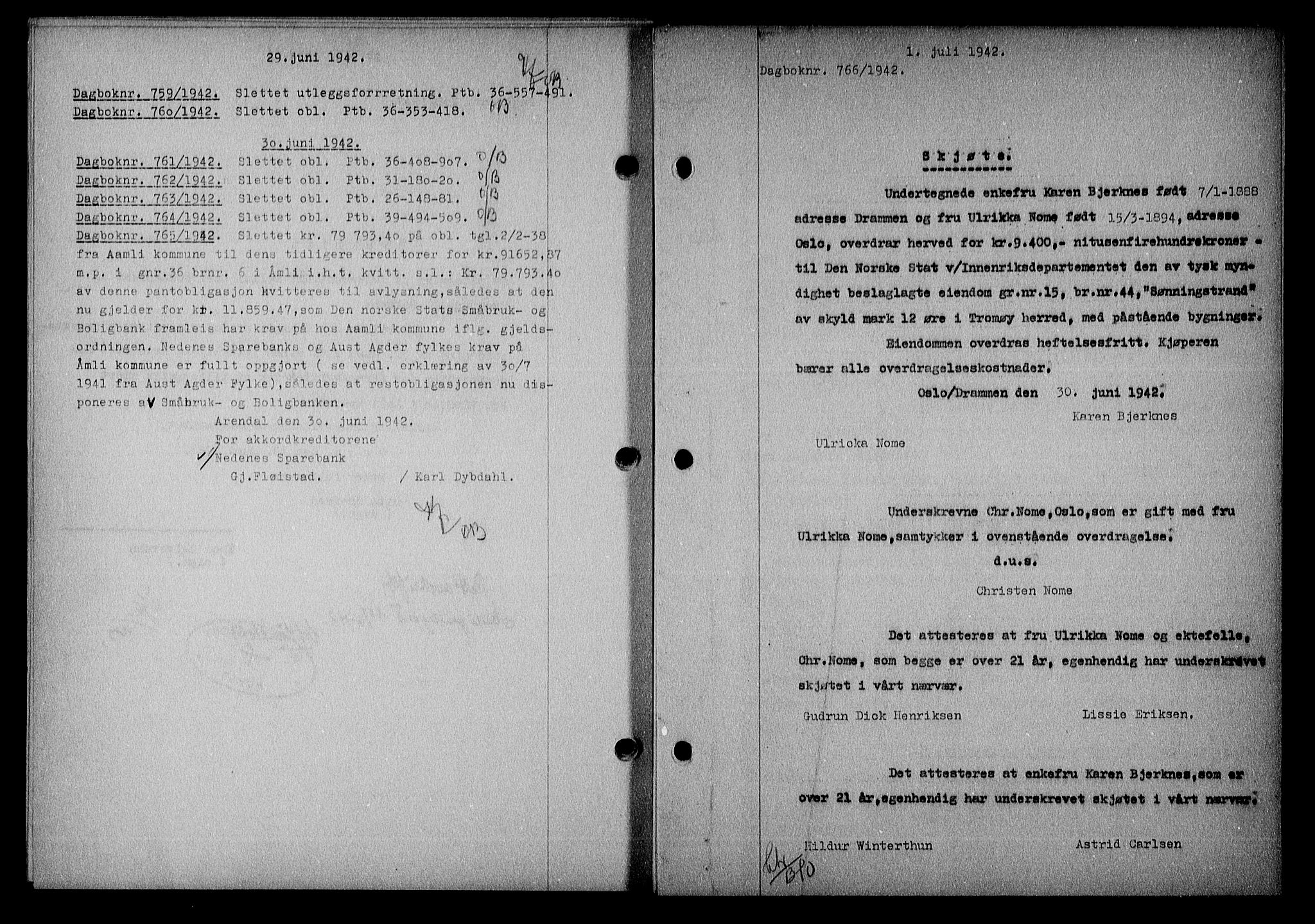 Nedenes sorenskriveri, SAK/1221-0006/G/Gb/Gba/L0049: Mortgage book no. A-III, 1941-1942, Diary no: : 766/1942