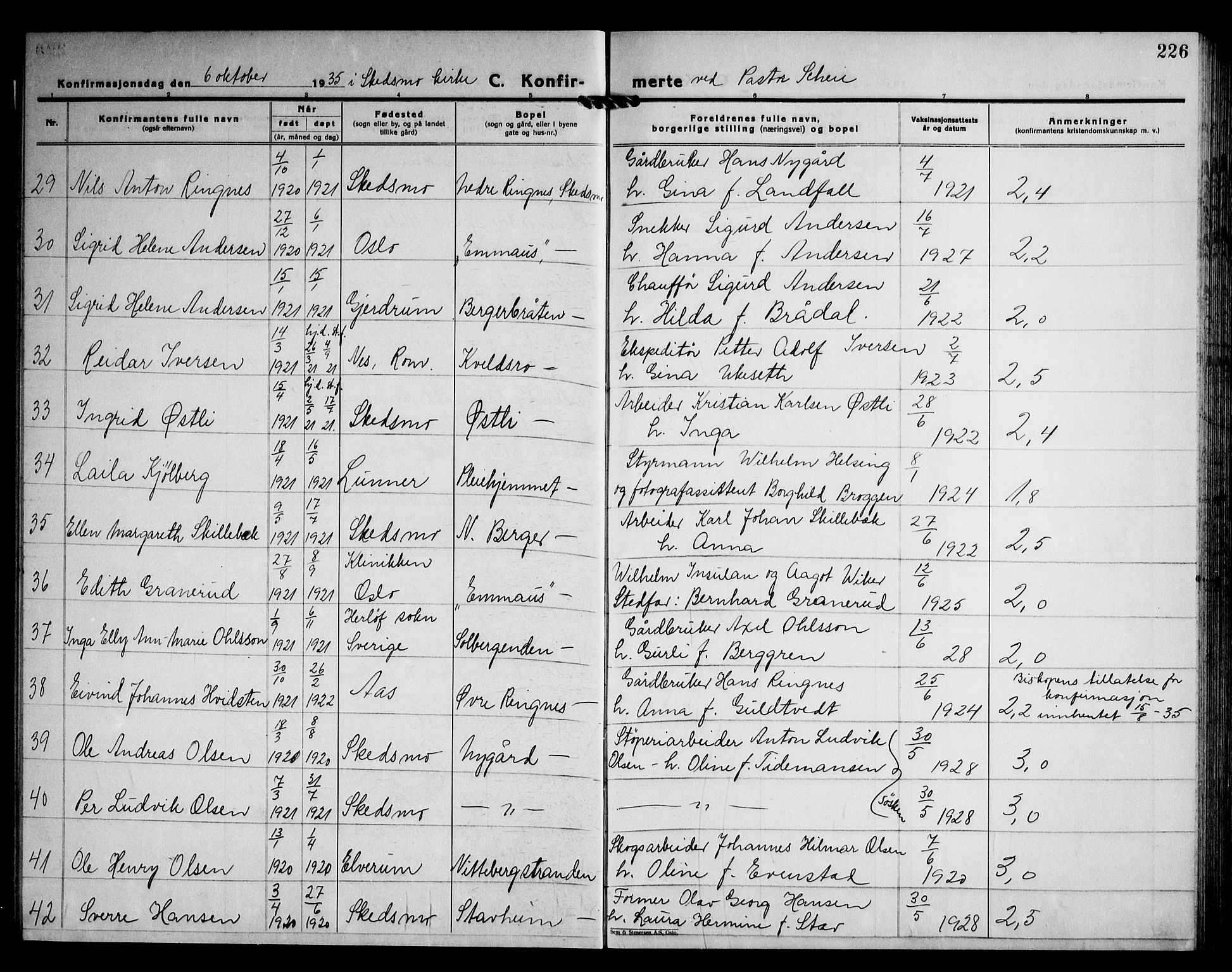 Skedsmo prestekontor Kirkebøker, SAO/A-10033a/G/Ga/L0007: Parish register (copy) no. I 7, 1926-1945, p. 226