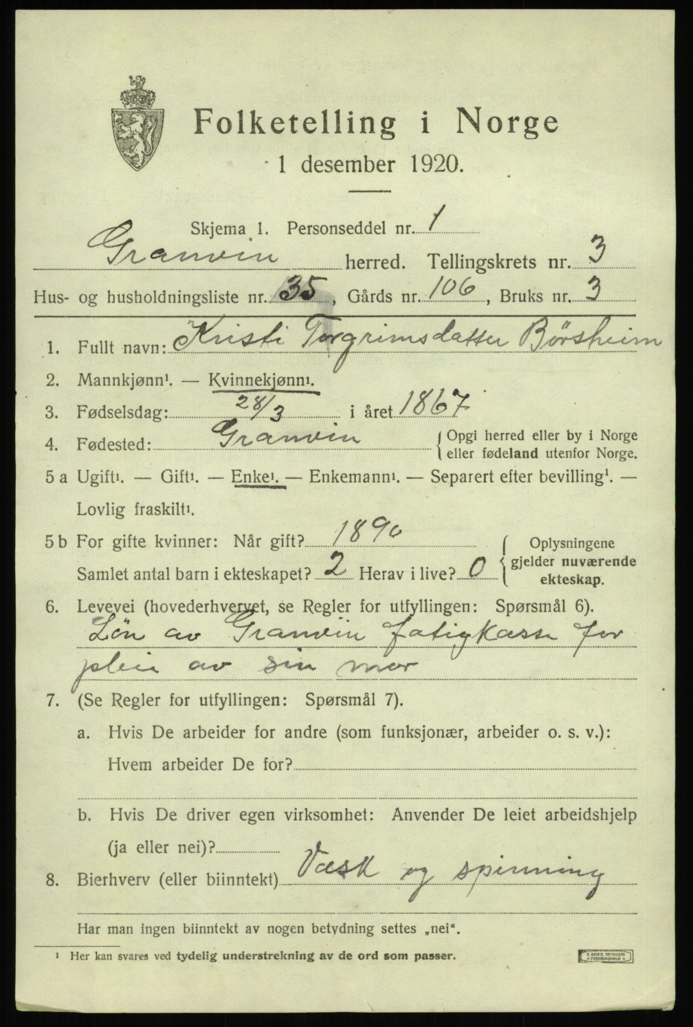 SAB, 1920 census for Granvin, 1920, p. 1538