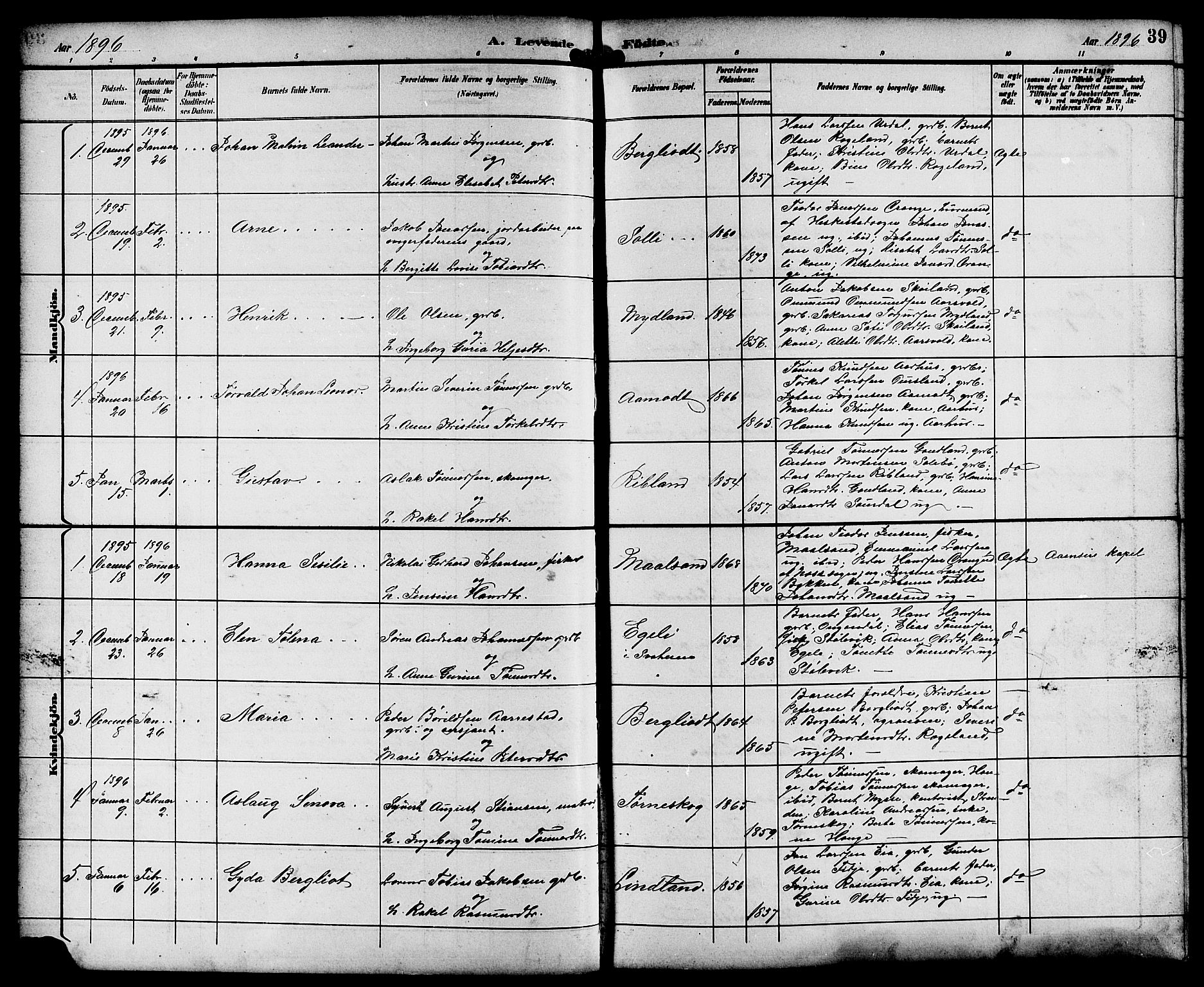 Sokndal sokneprestkontor, AV/SAST-A-101808: Parish register (copy) no. B 6, 1892-1907, p. 39