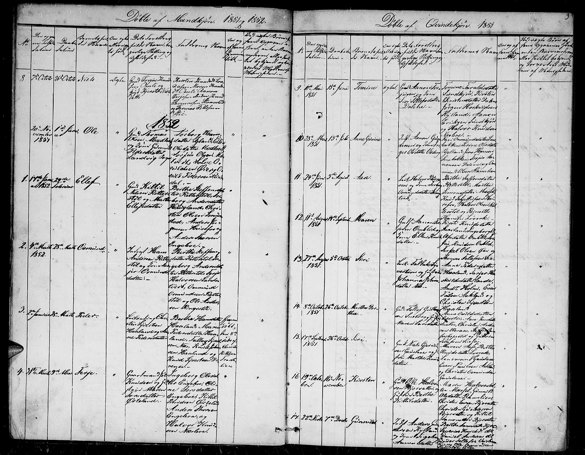 Herefoss sokneprestkontor, AV/SAK-1111-0019/F/Fb/Fba/L0001: Parish register (copy) no. B 1, 1851-1868, p. 3